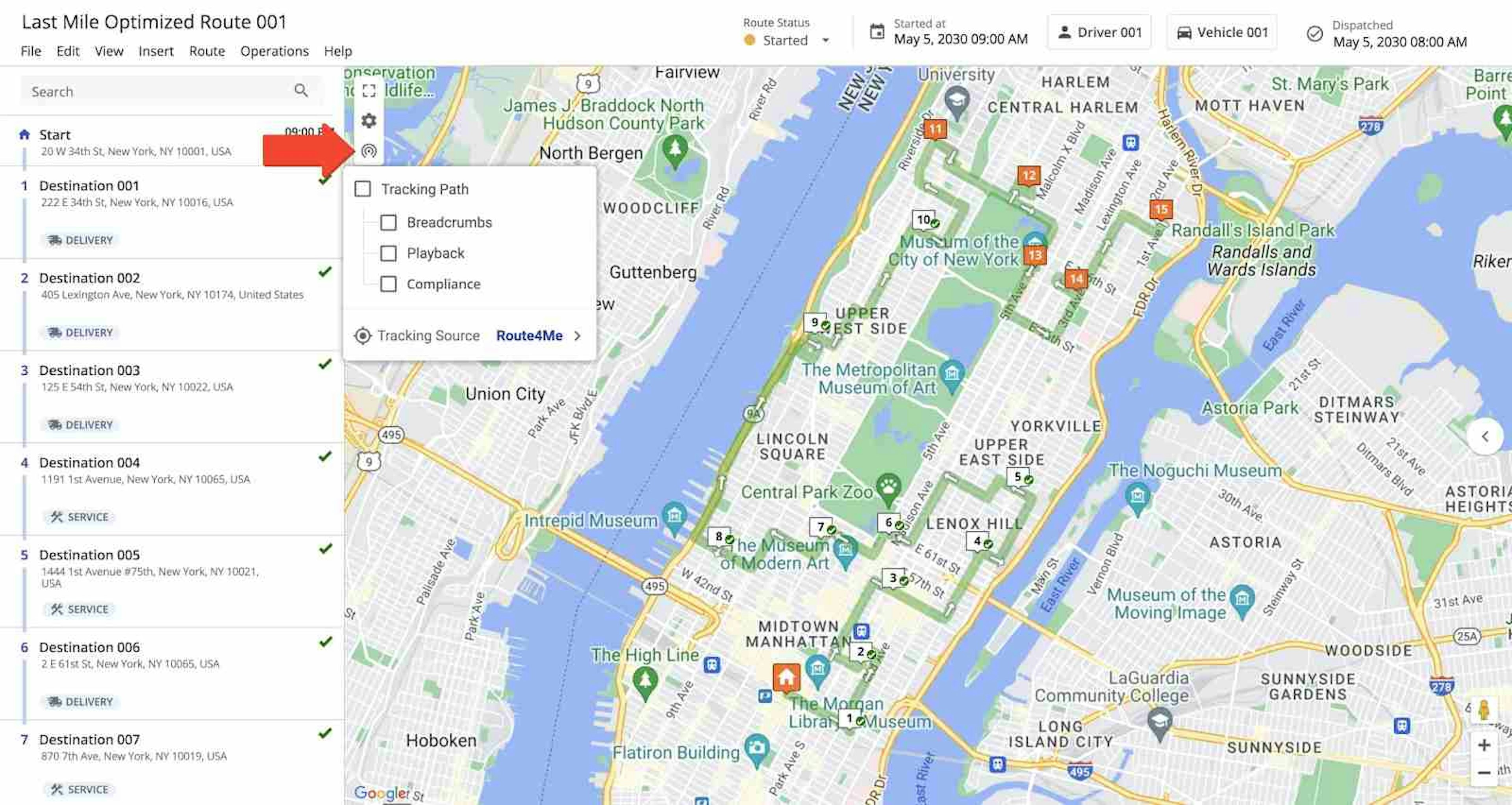 Optimized delivery route with multiple stops in New York City