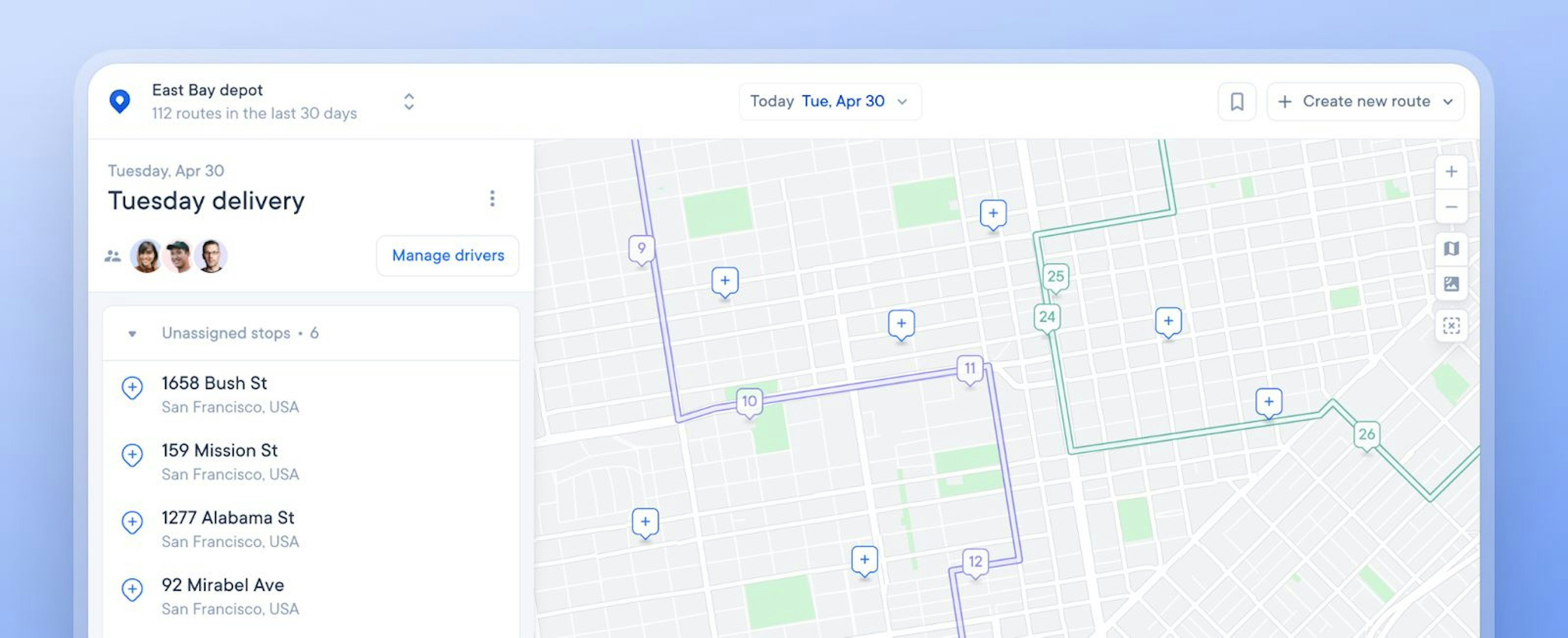 Circuit for Teams dashboard showing unassigned stops and delivery routes