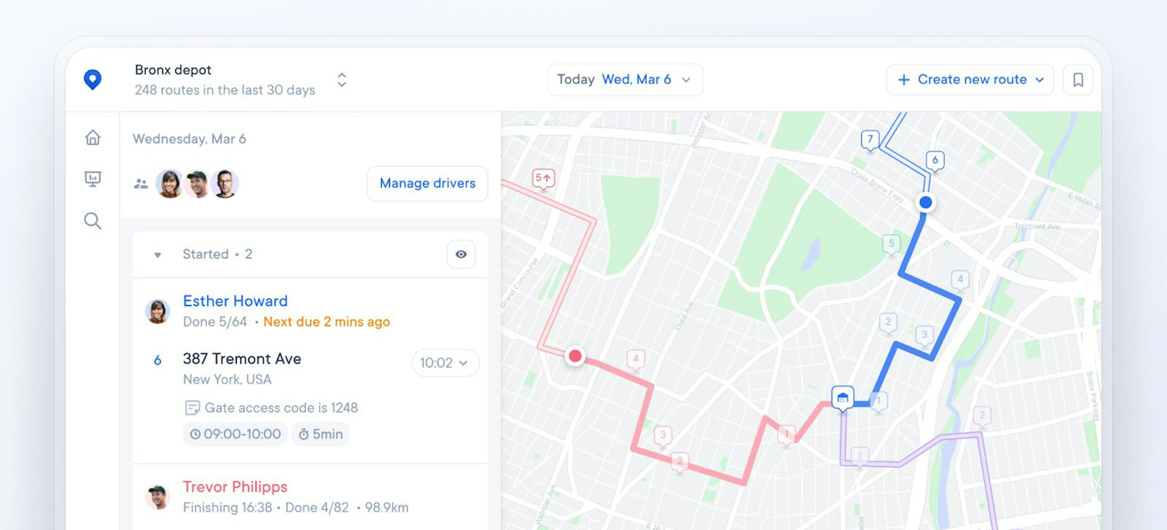 Circuit for Teams dashboard tracking drivers and routes for Bronx depot