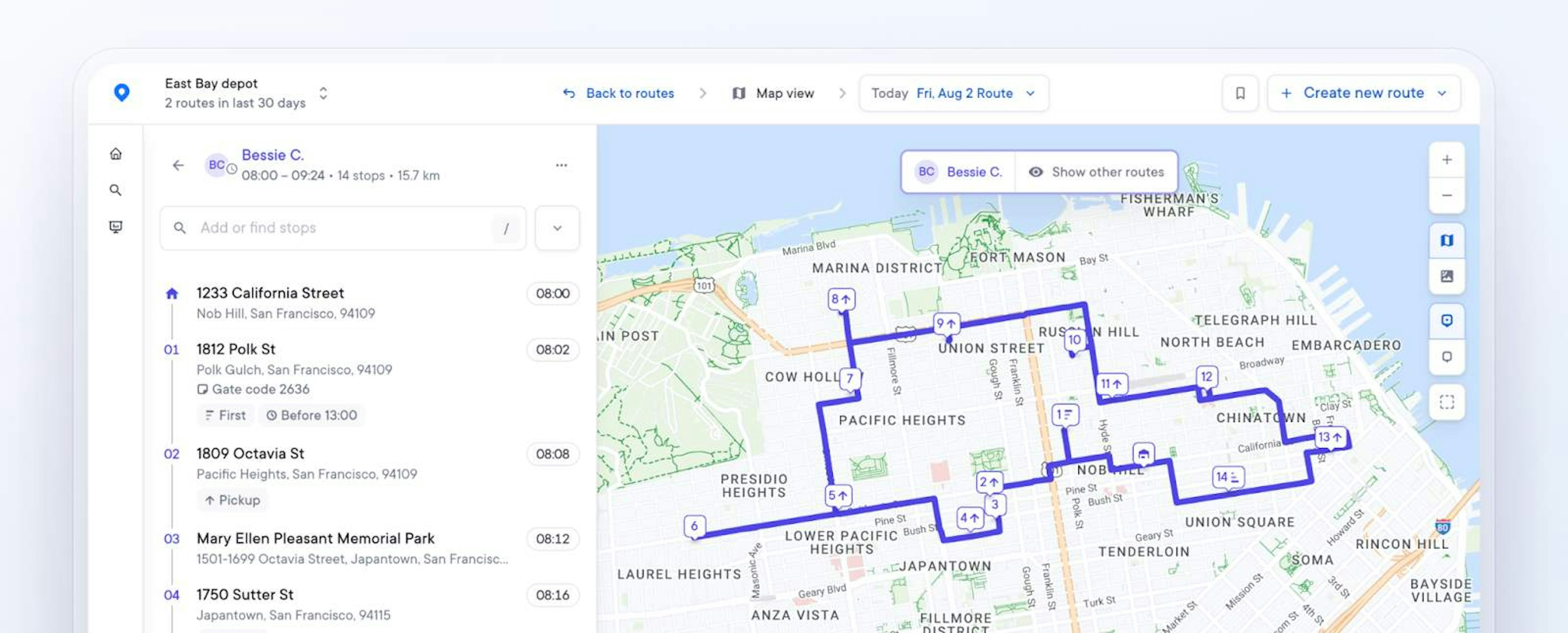 Circuit for Teams map showing optimized delivery route for East Bay depot