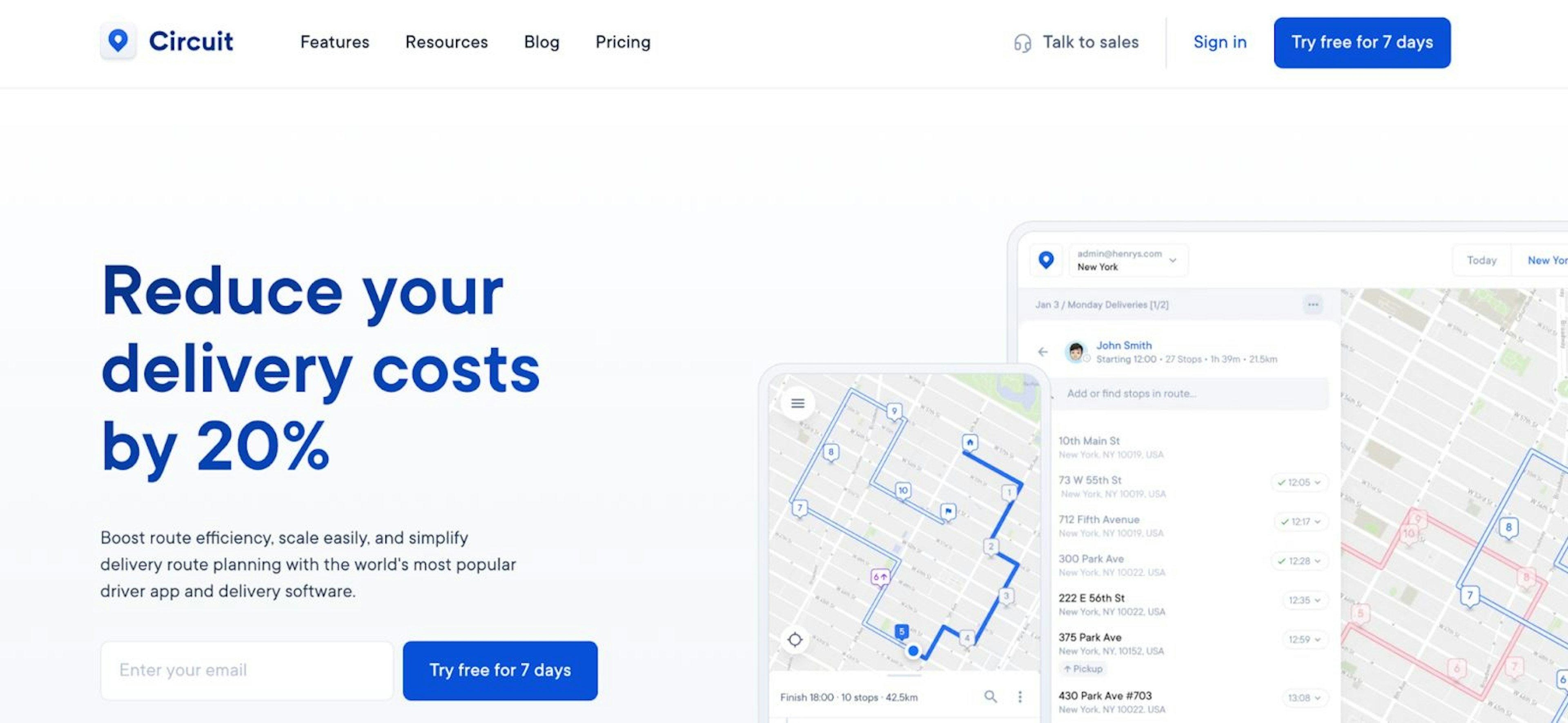 Landing page promoting Circuit for Teams delivery route optimization software