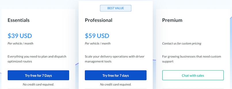 Routific Pricing: Essentials ($39/vehicle/month), Professional ($59/vehicle/month), Premium (Contact for custom pricing).