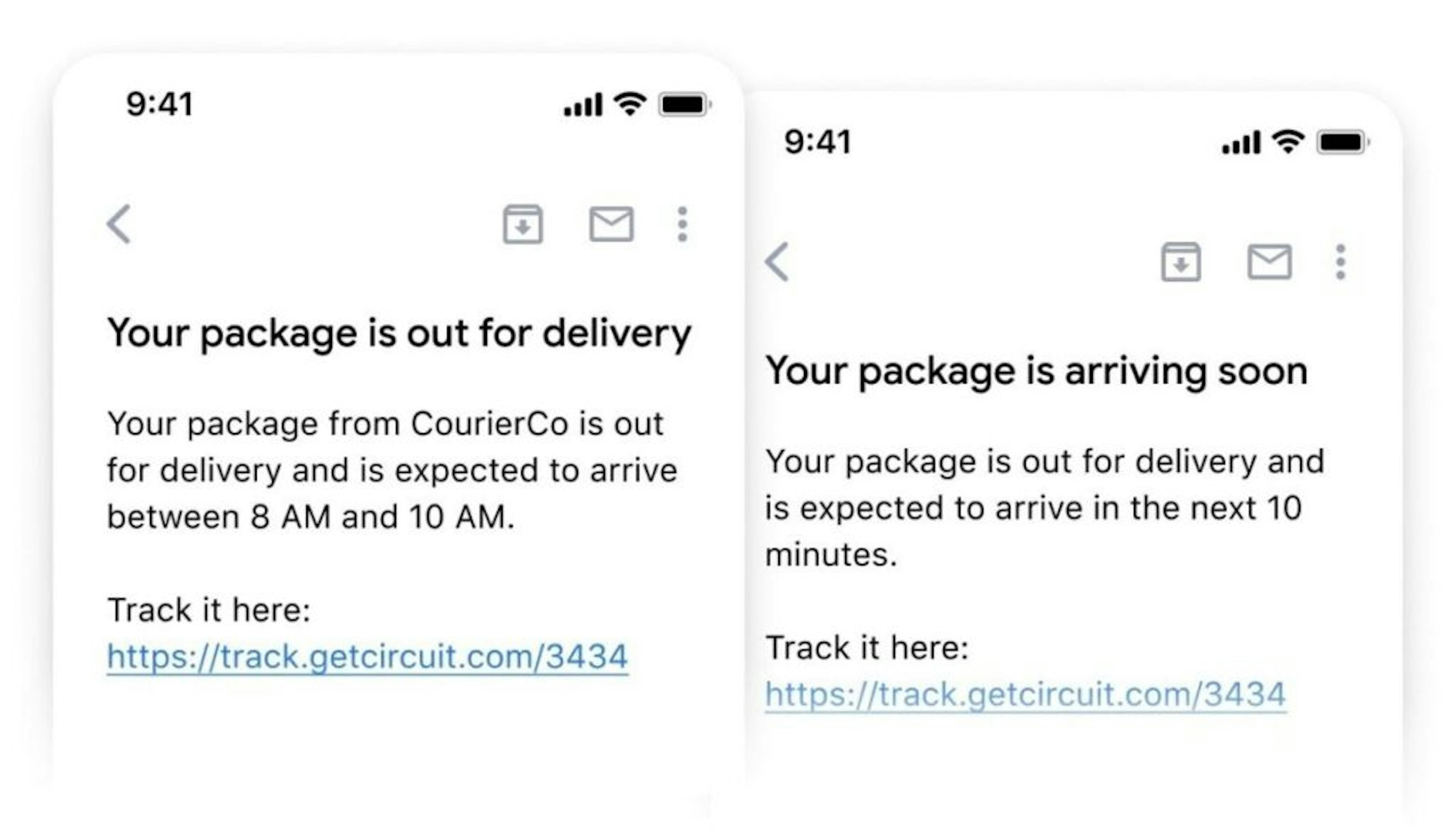 Phone message saying &quot;Your package is out for delivery - Track it here&quot;. Second phone message saying &quot;Your Package is arriving soon - Track it here&quot;