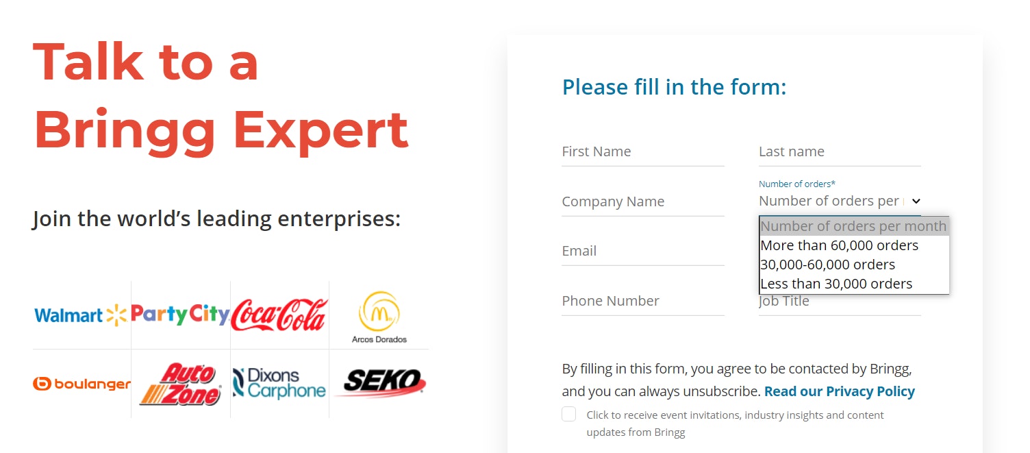 Image shows Bringg's sign up page where you can choose the number of orders per month your company does. 