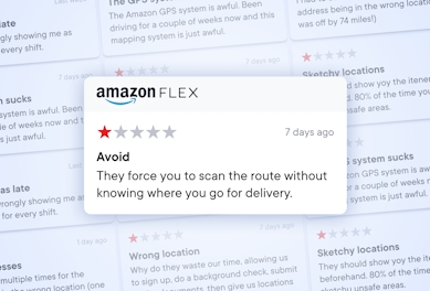 Amazon Flex app review showing one-star rating. "They leave you to scan the route without knowing where you go for delivery".