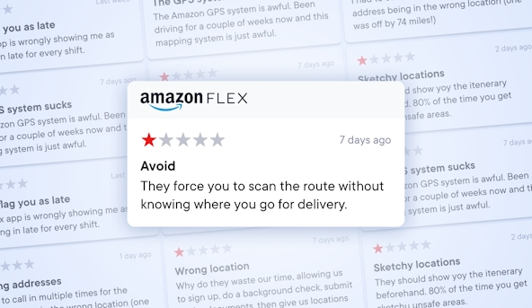 Amazon Flex app review showing one-star rating. "They leave you to scan the route without knowing where you go for delivery".
