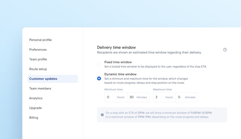 Product screenshot of delivery management software showing how you can create fixed or dynamic delivery time windows