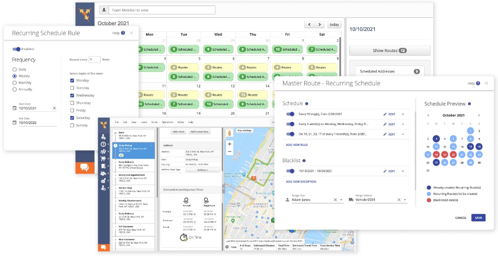 4 screenshots of the Route4Me delivery management software product interface overlaid upon one another