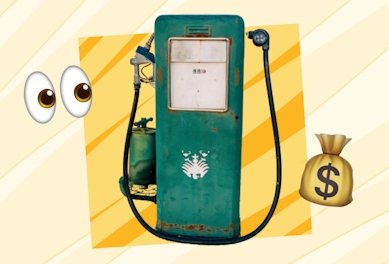 A gas pump with emojis of eyes and a money bag