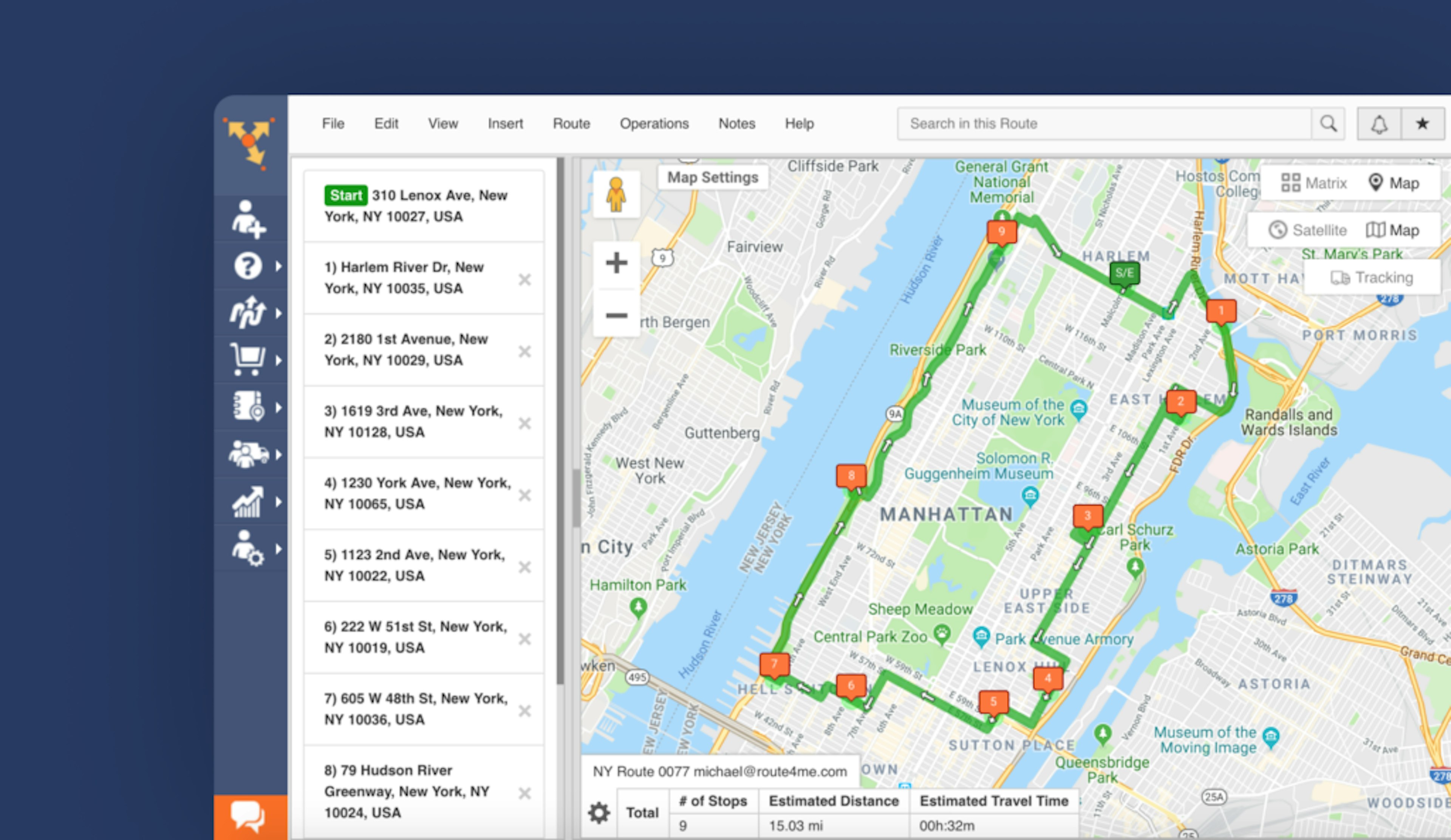 A product screenshot of Route4Me's route optimization interface