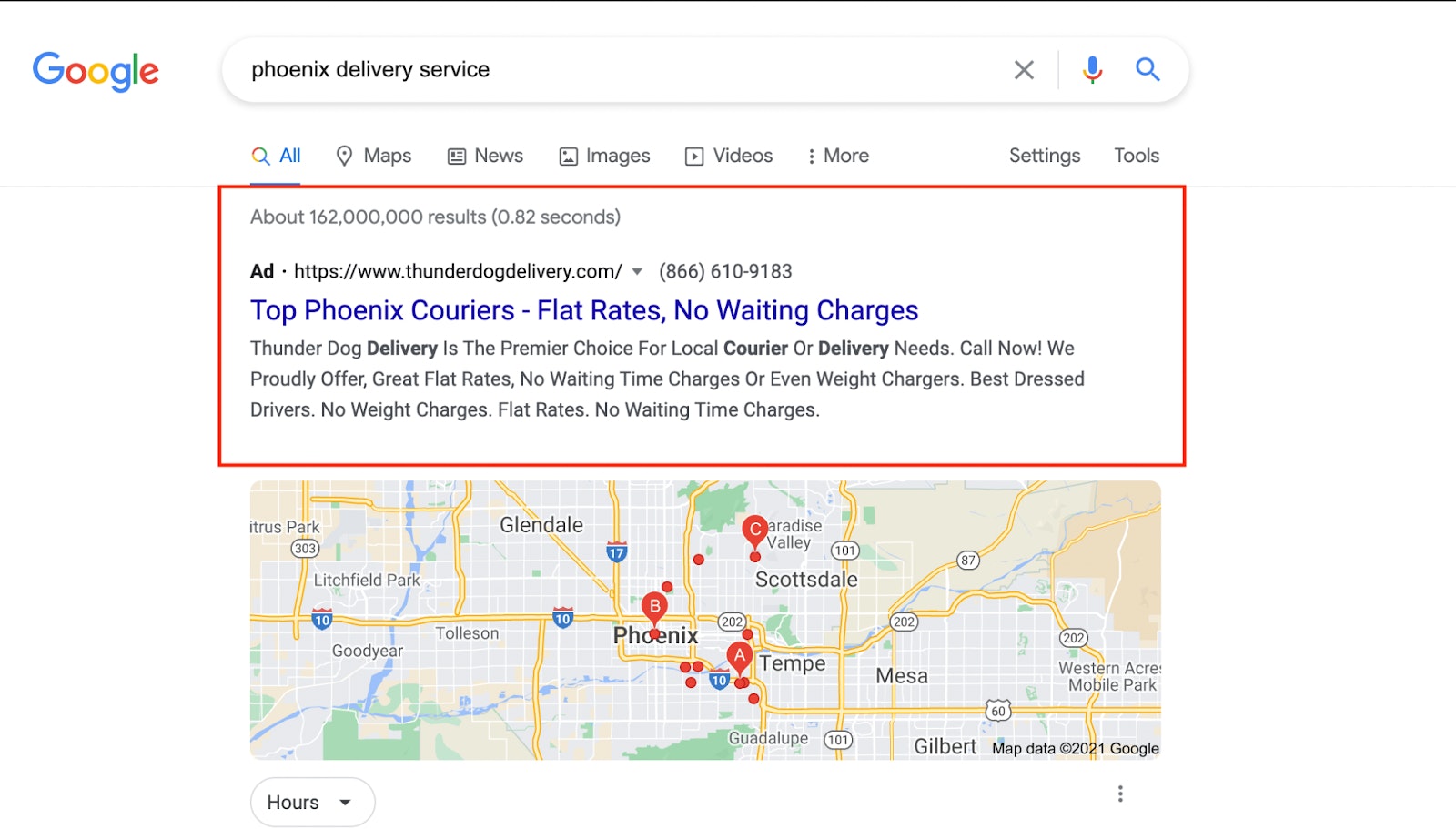 Screenshot of 'phoenix delivery service' Google search with an Ad as the first listing