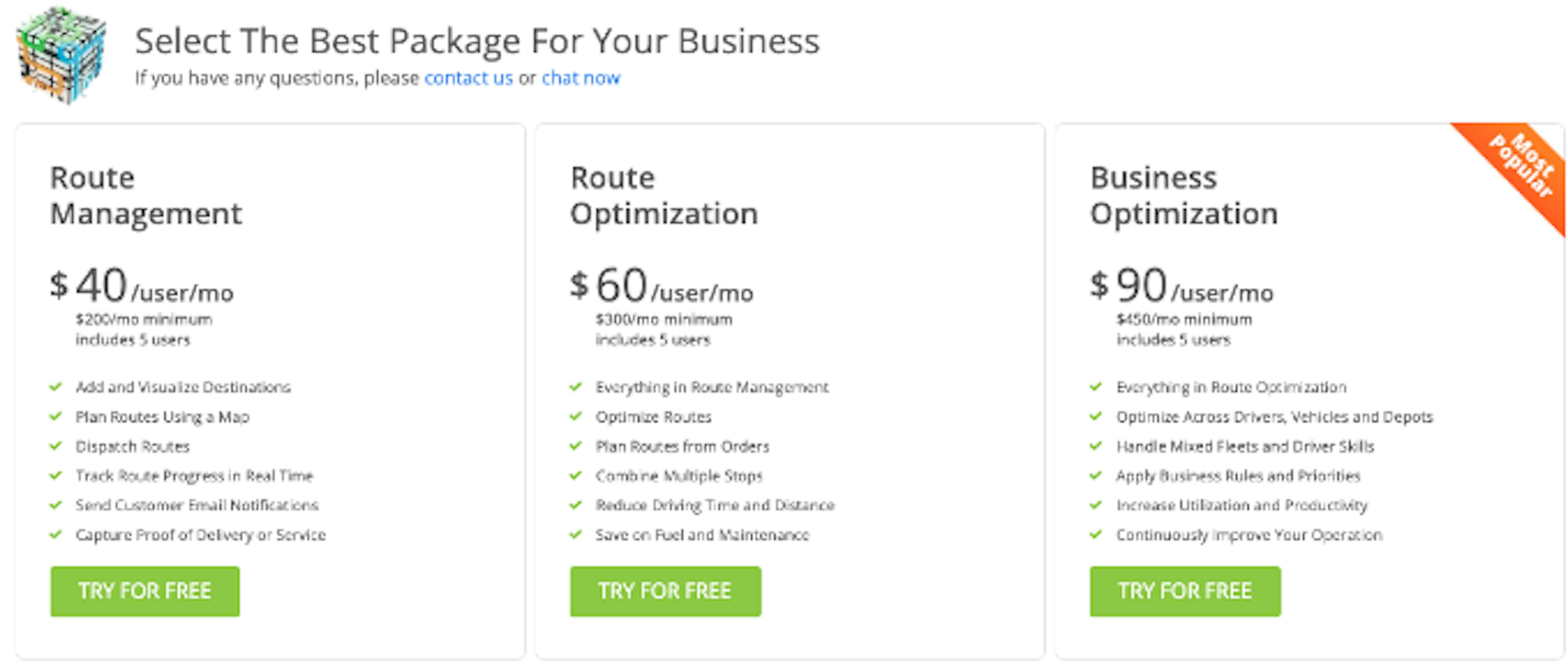 A screenshot of Route4Me's three pricing tiers with their associated features