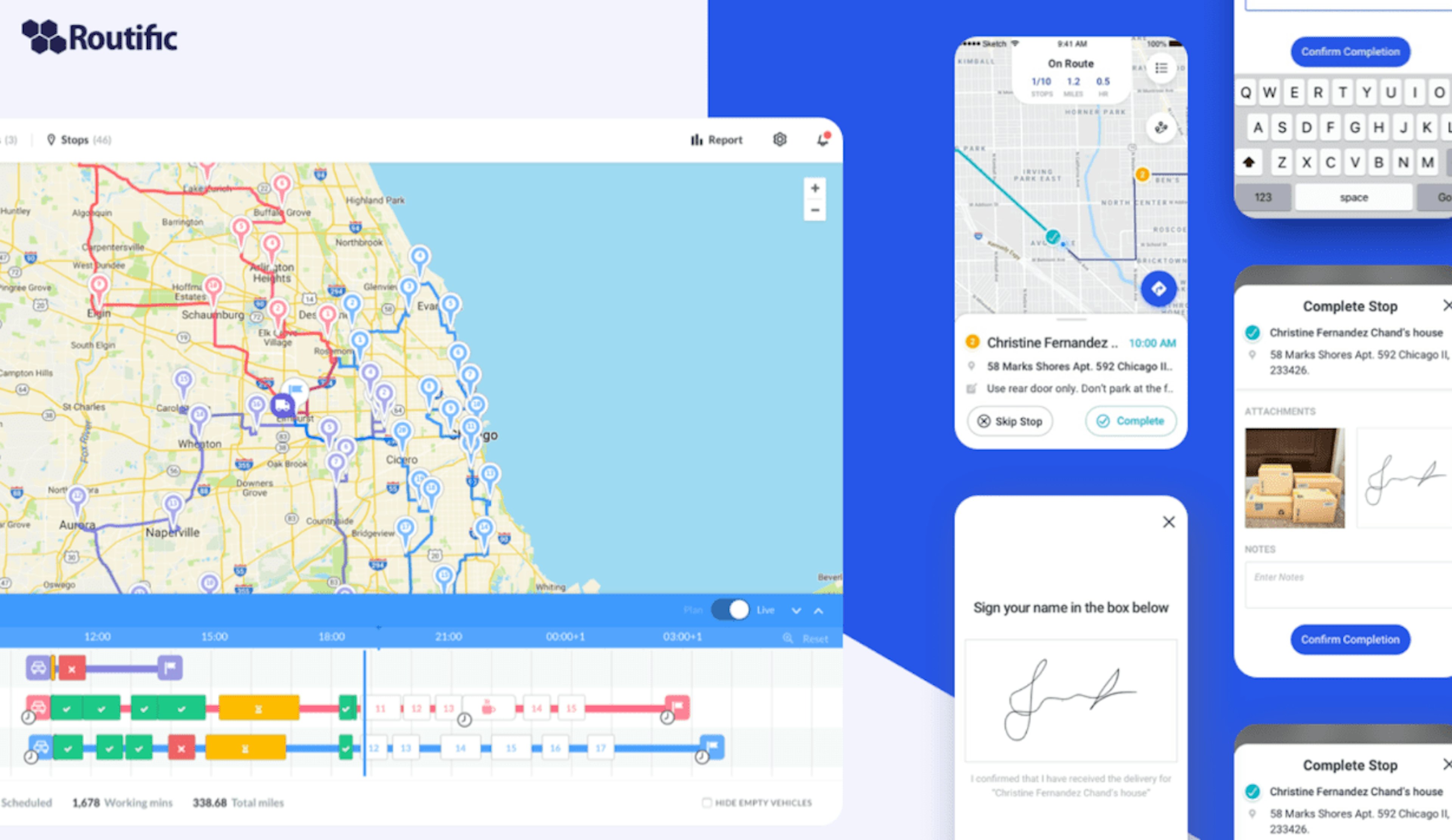 Route optimization UI with mobile screenshots of different features