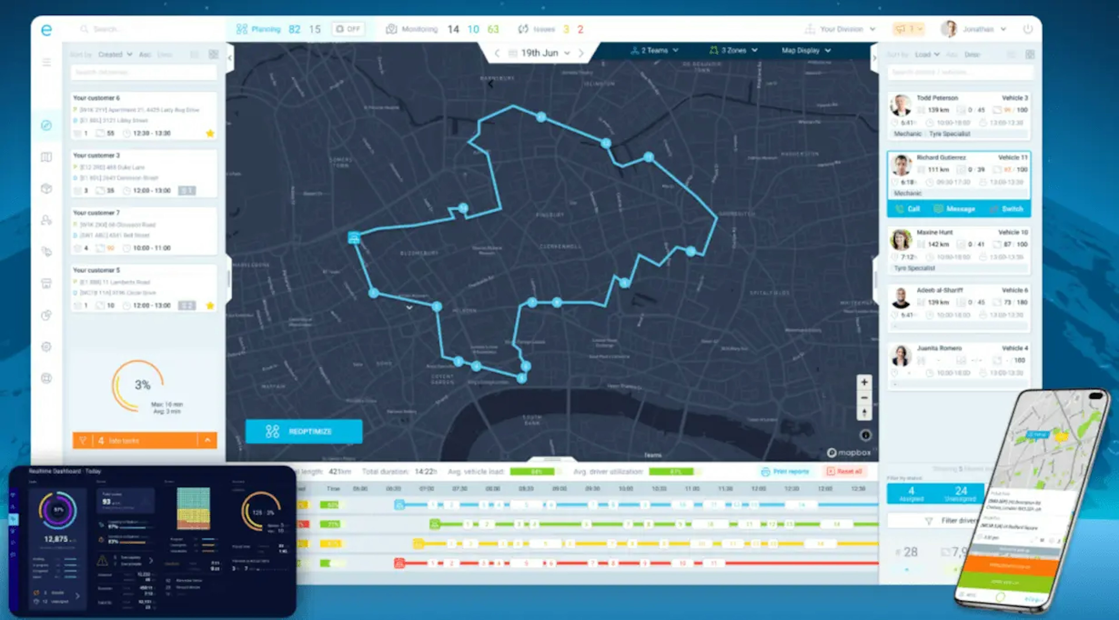 Delivery route on a dark map interface with task details and driver info, accompanied by a mobile app view