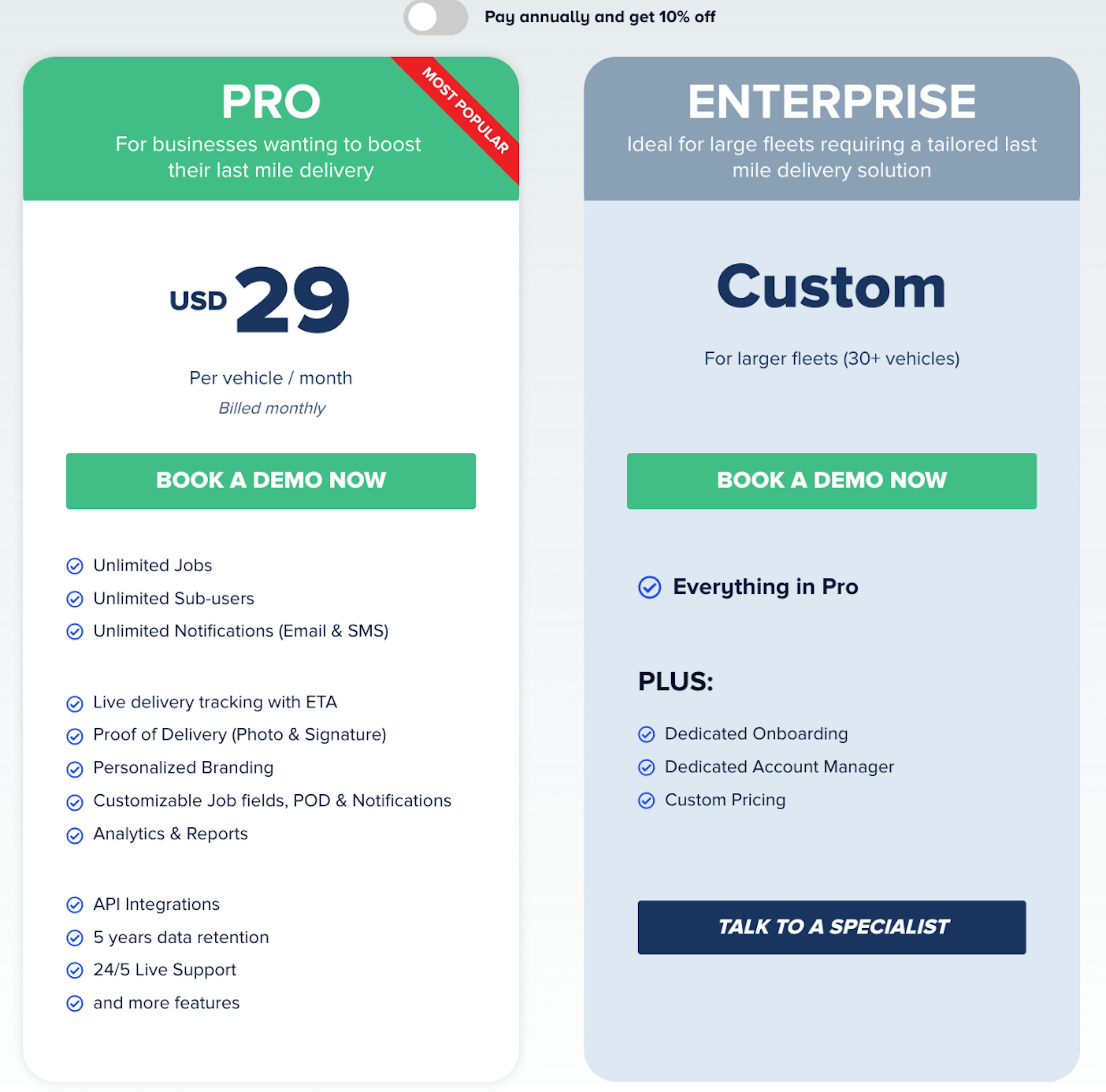 Pricing plans for delivery management service: Pro at $29/month and Enterprise custom pricing