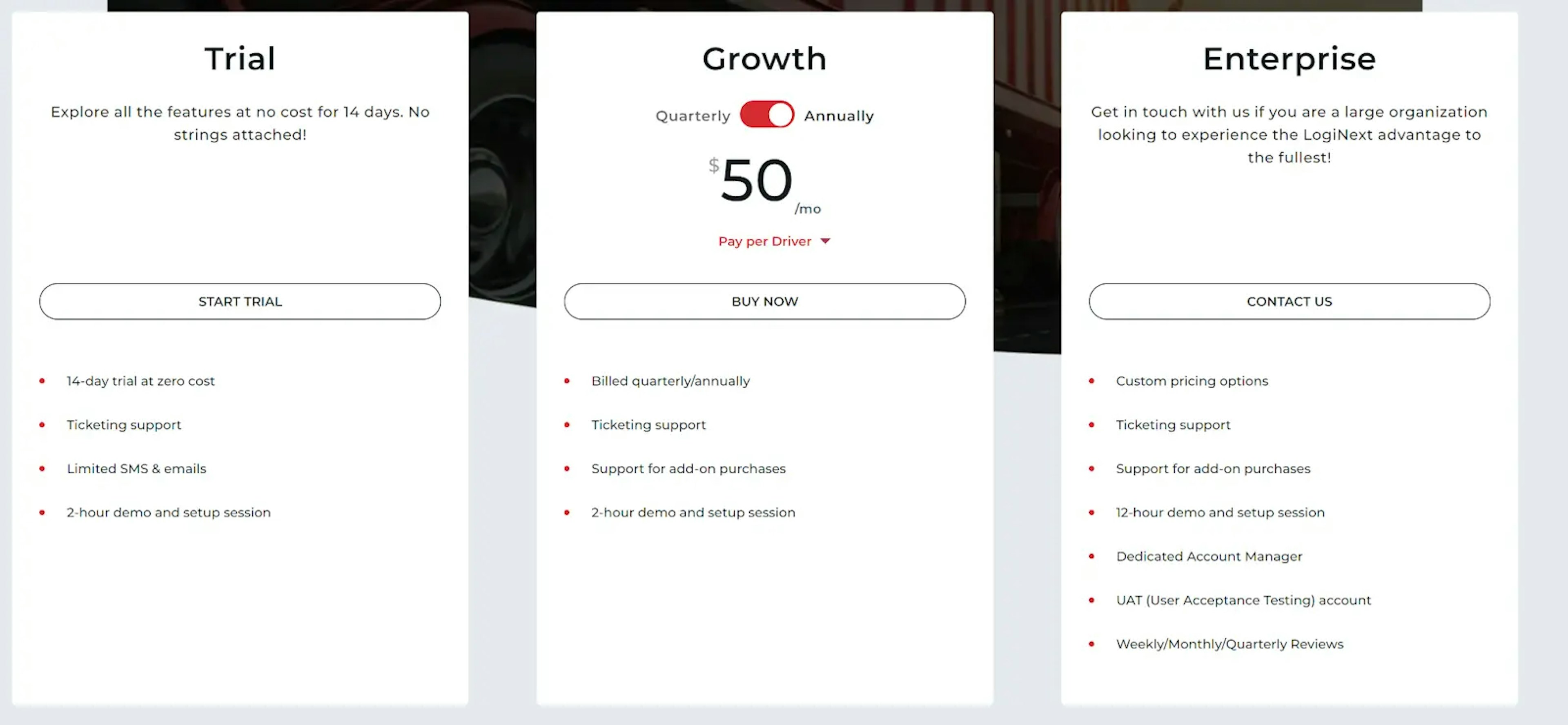 LogiNext pricing plans comparison with features for Trial, Growth, and Enterprise options