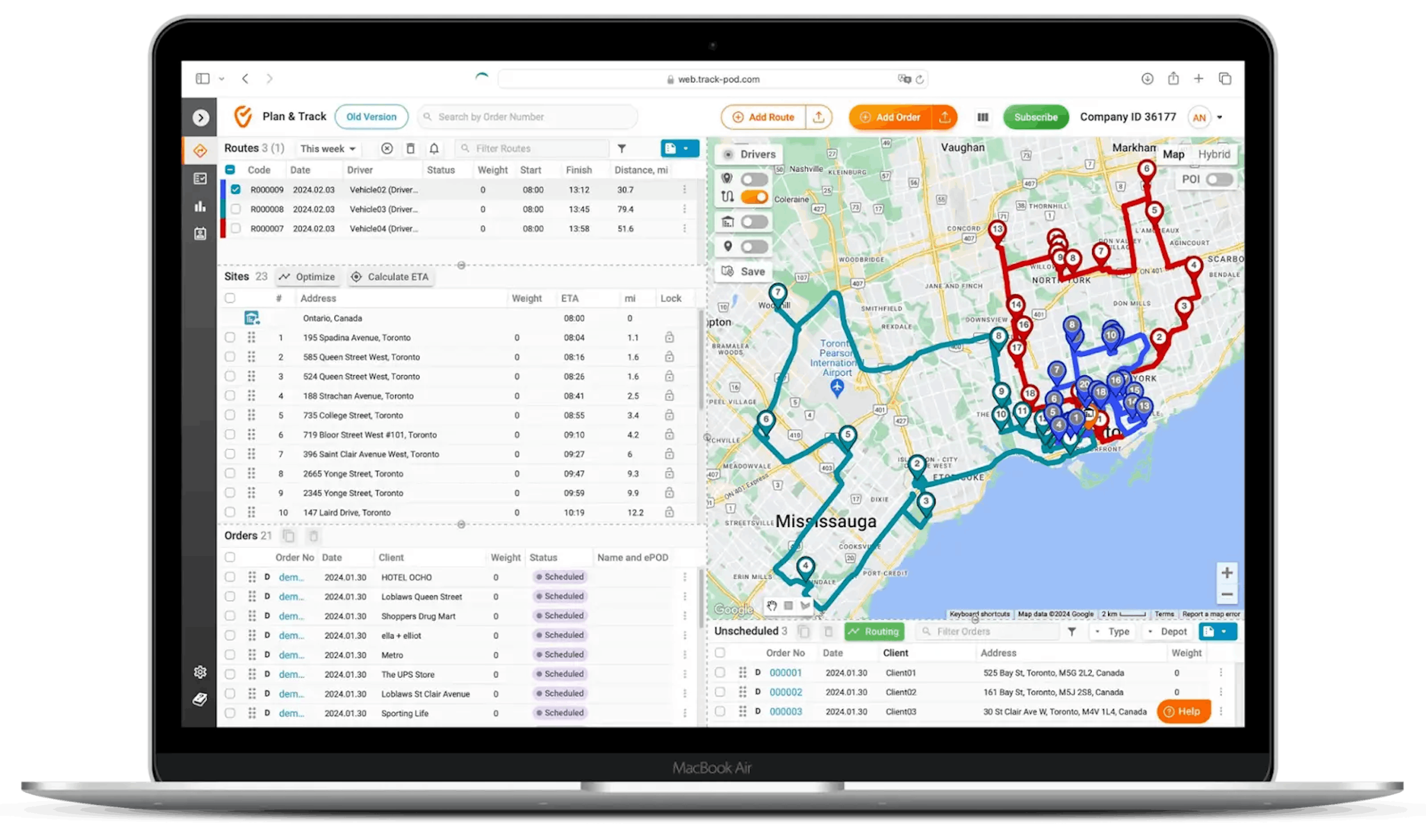 Delivery management software showing routes, driver schedules, and order details on a laptop screen