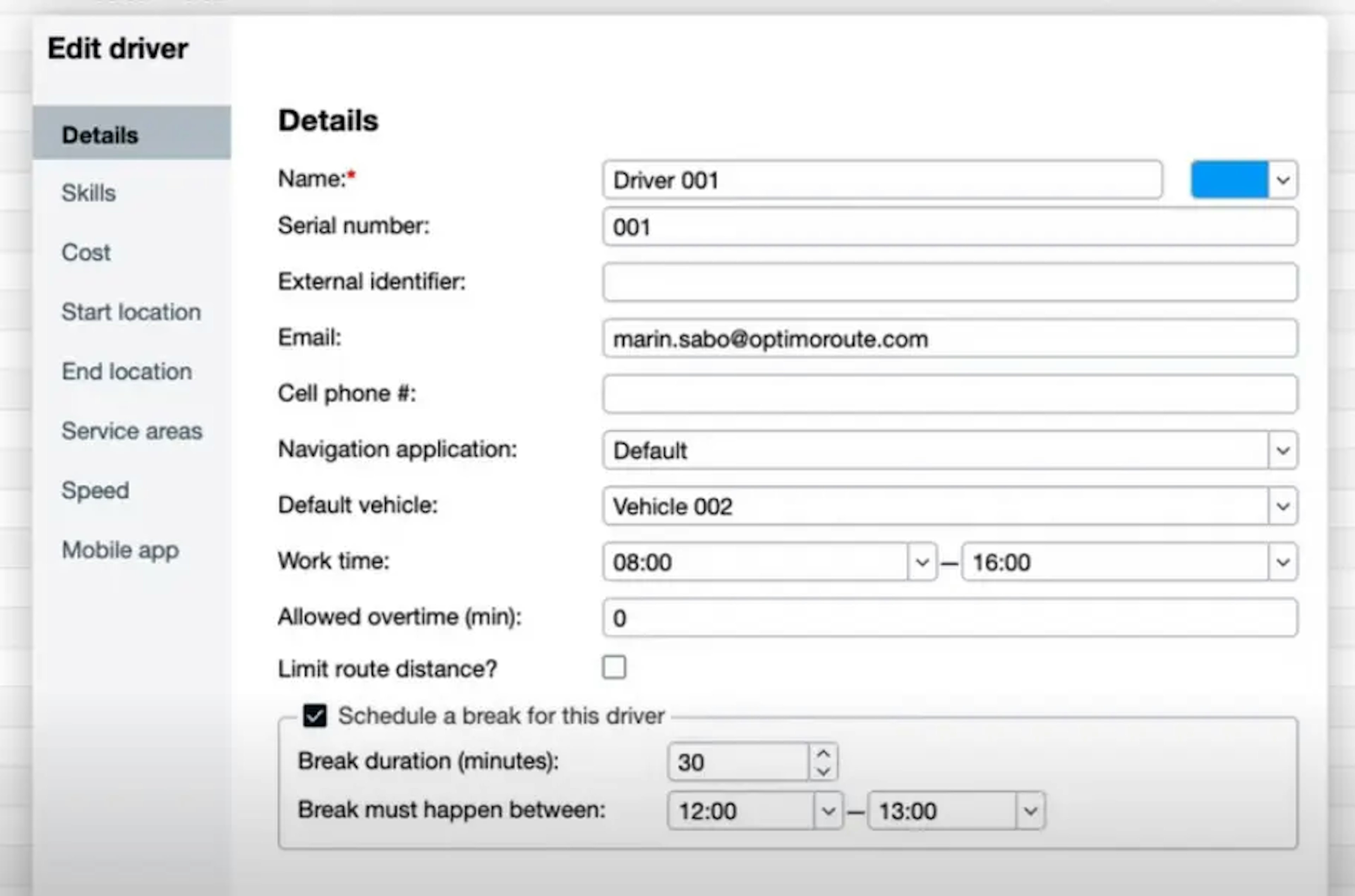 Driver profile editing interface with various details and settings options