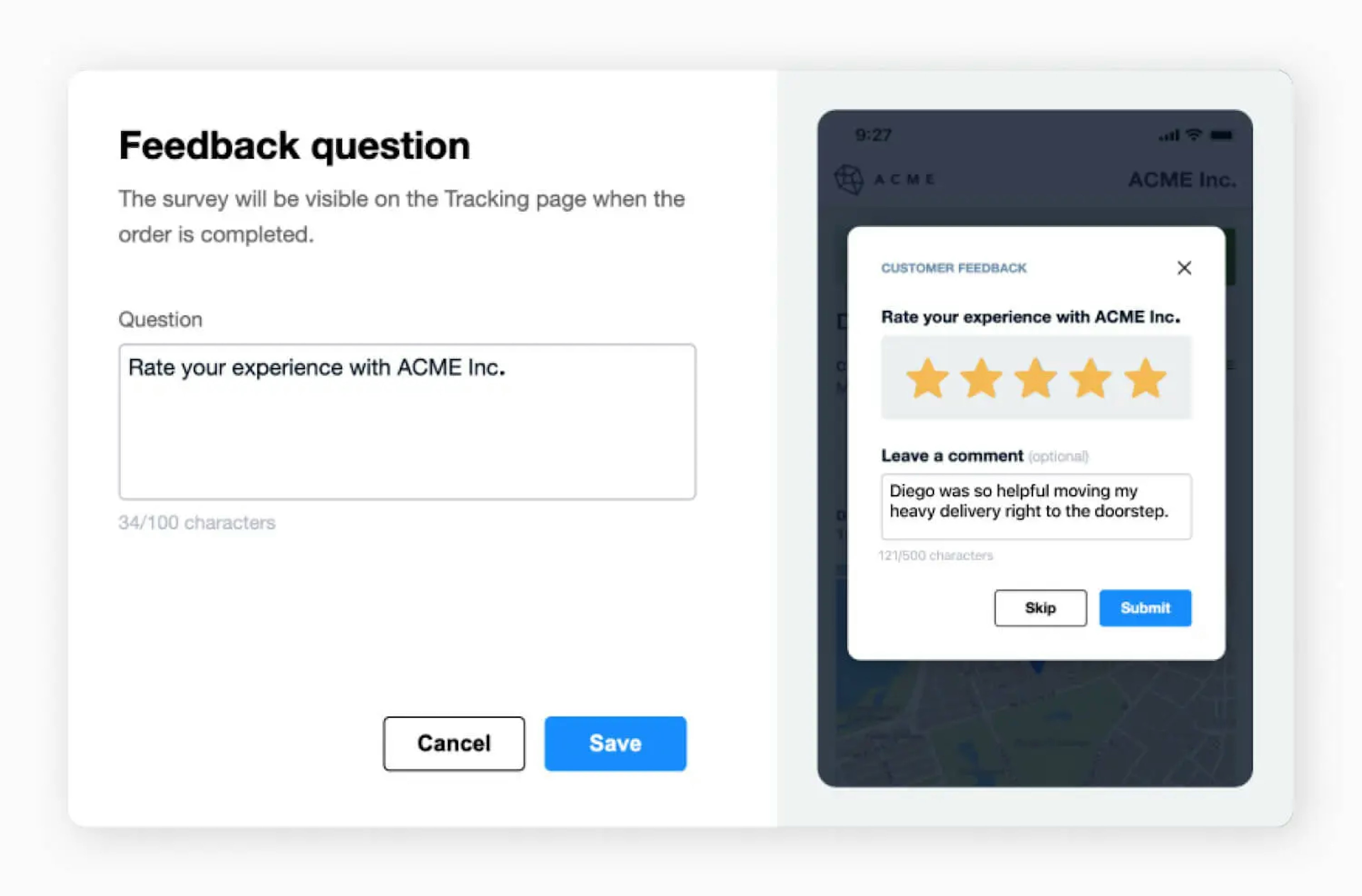 Feedback interface with a question rating customer experience and a comment section