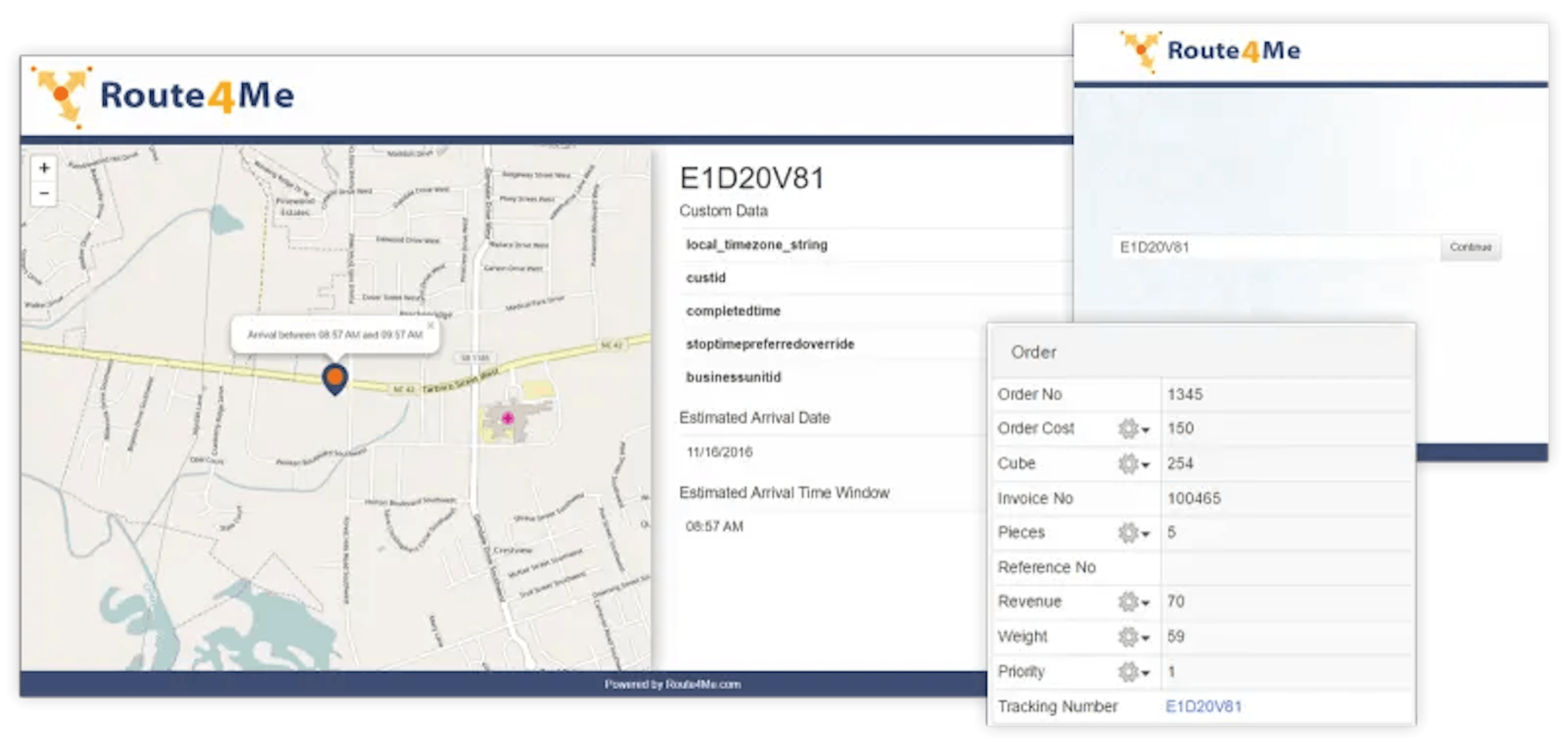 Route4Me interface showing delivery route map, order details, and estimated arrival time