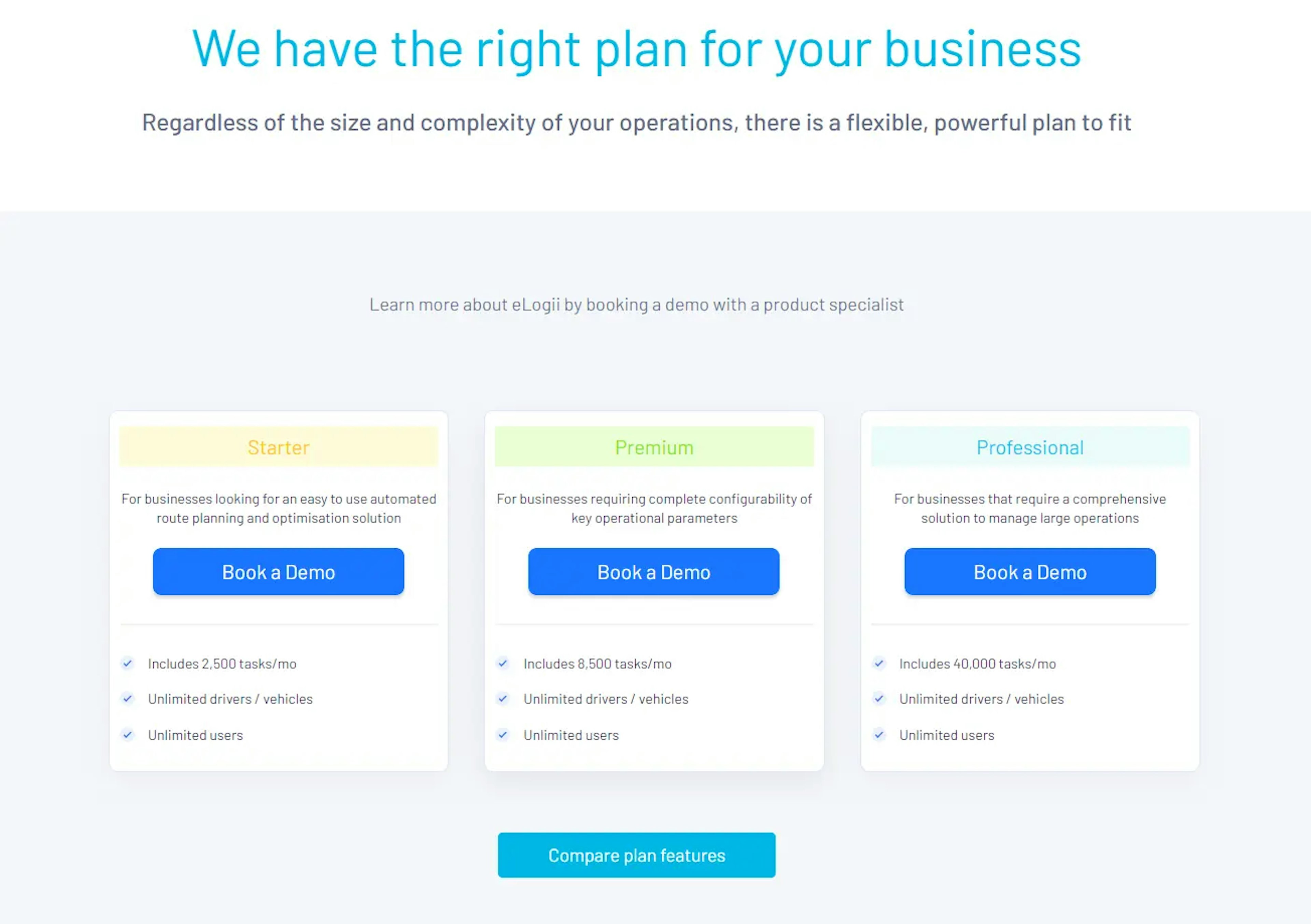 eLogii pricing plans comparison with features for Starter, Premium, and Professional options