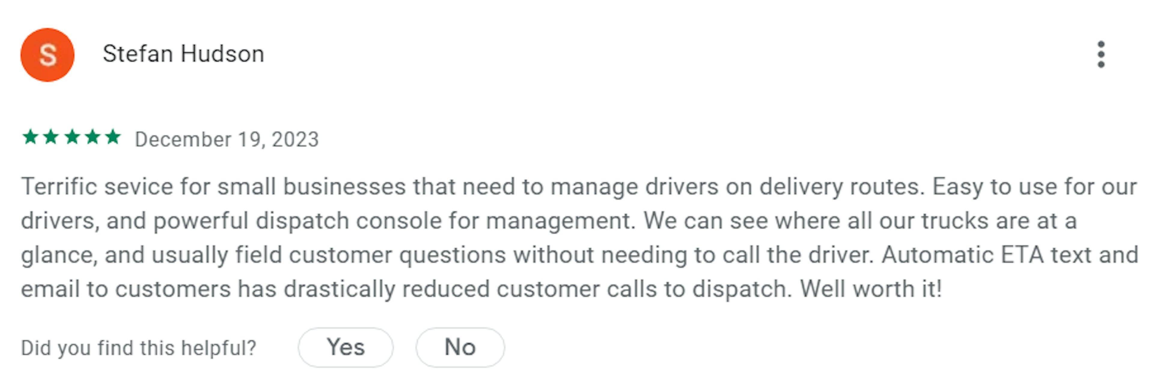 Review praising DispatchTrack for managing drivers and reducing customer calls