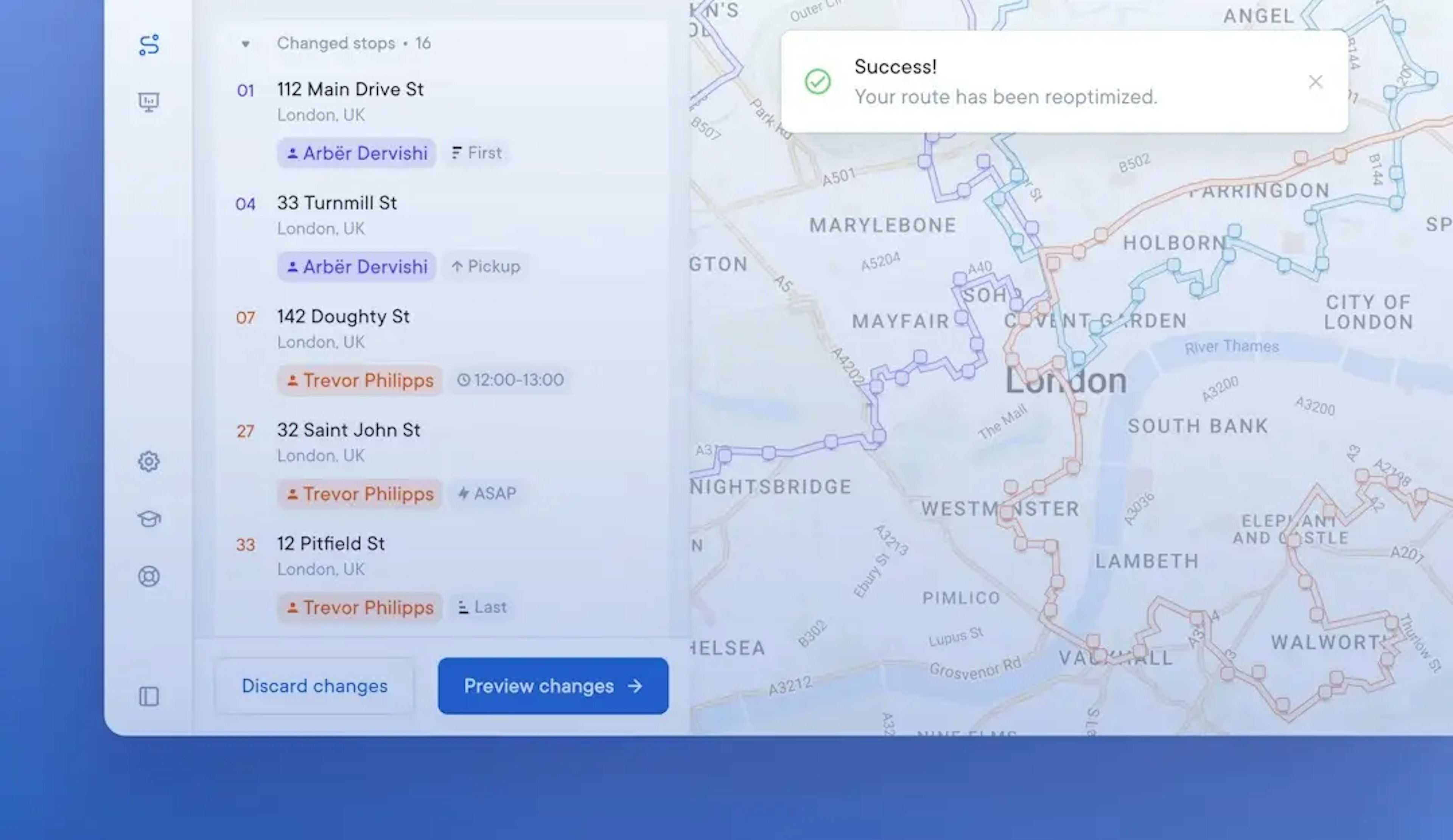 Delivery app interface showing reoptimized routes and updated stop details