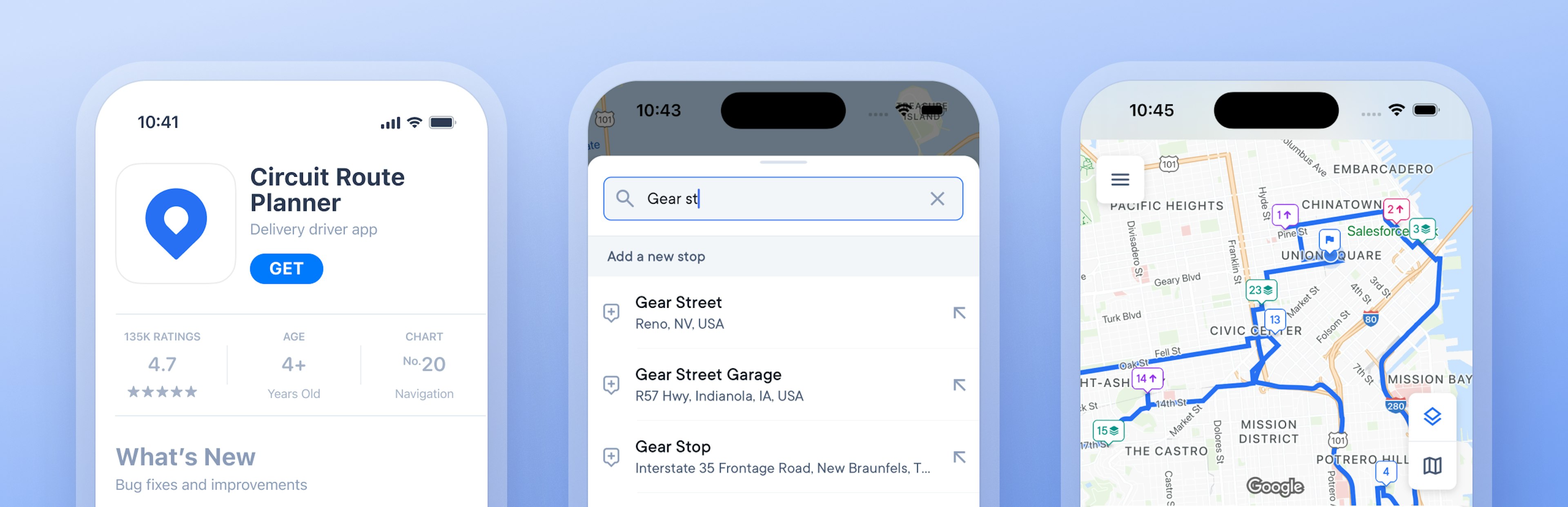 Mobile phone shows App store, add stops and optimized route