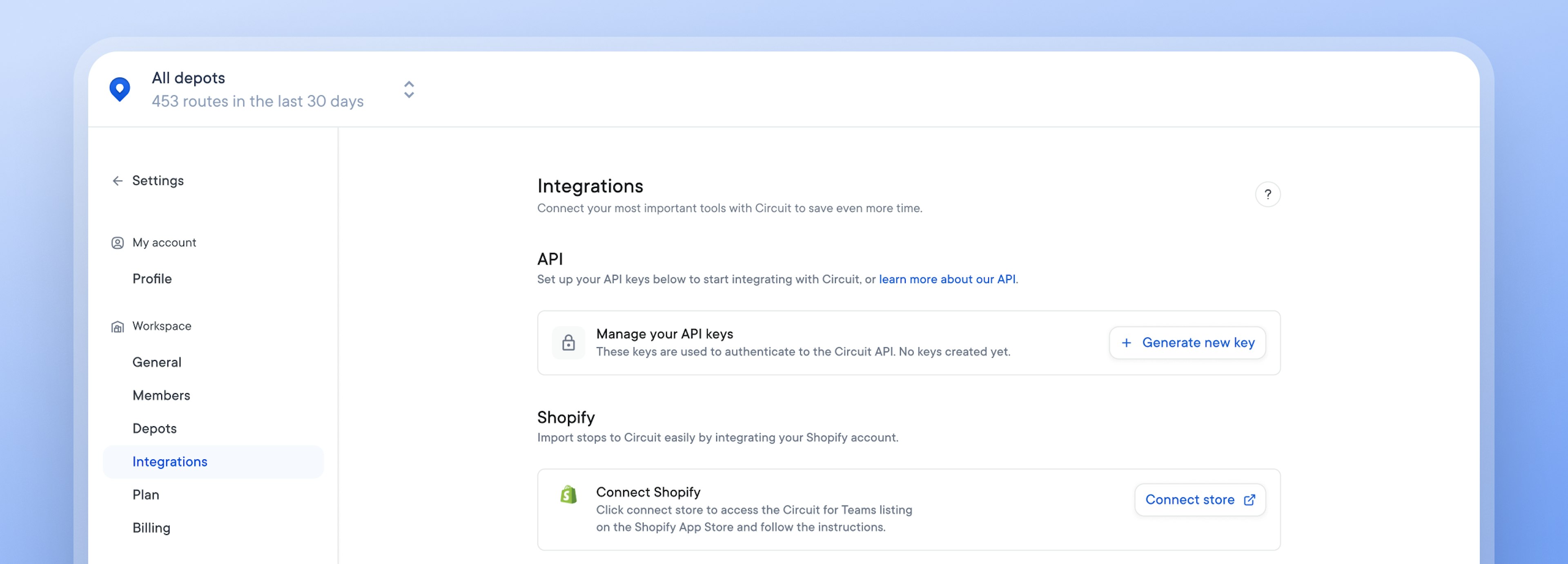 Integrations settings page showing API and Shopify integration options in Circuit for Teams