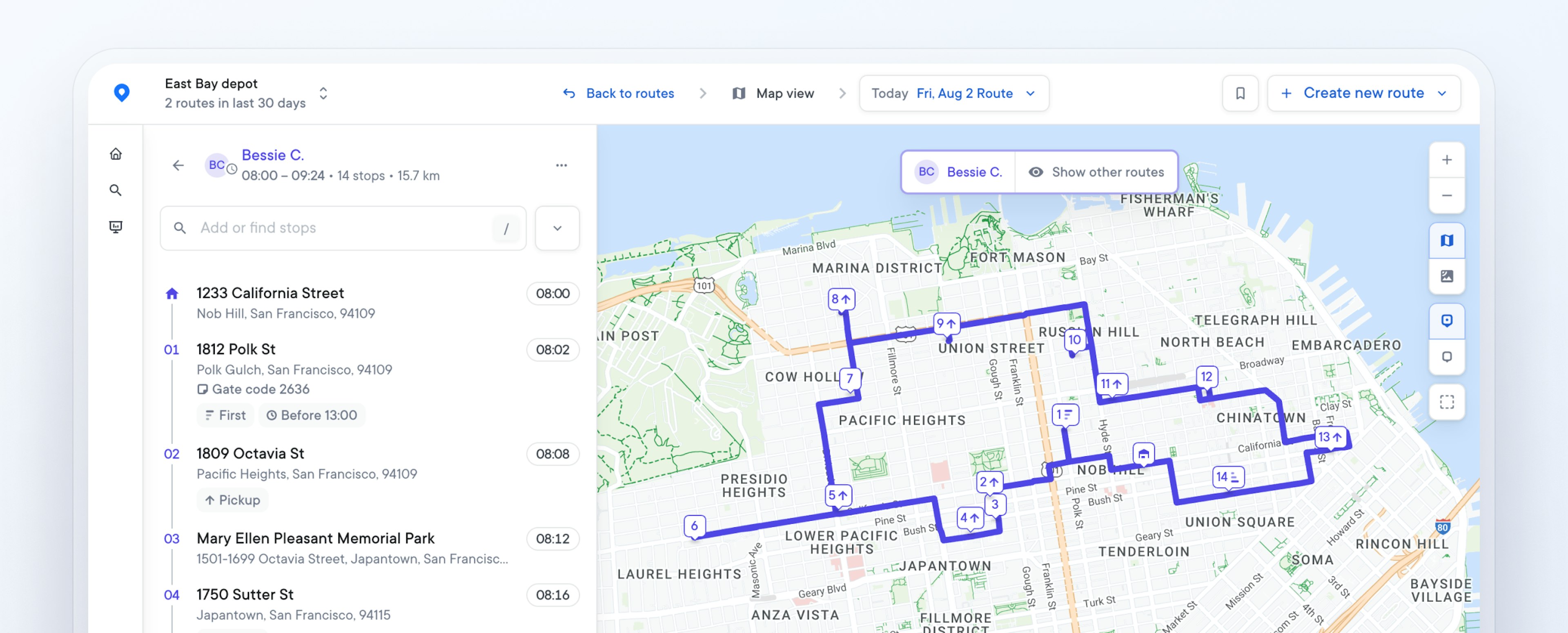 CFT dashboard with optimized route and stop list