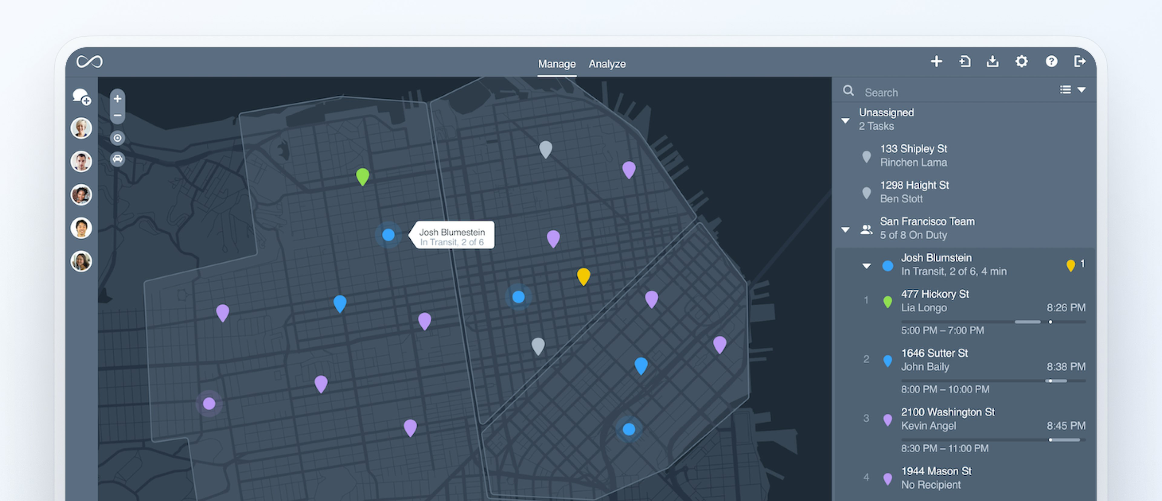 Map view of a delivery team’s routes and tasks with driver locations marked