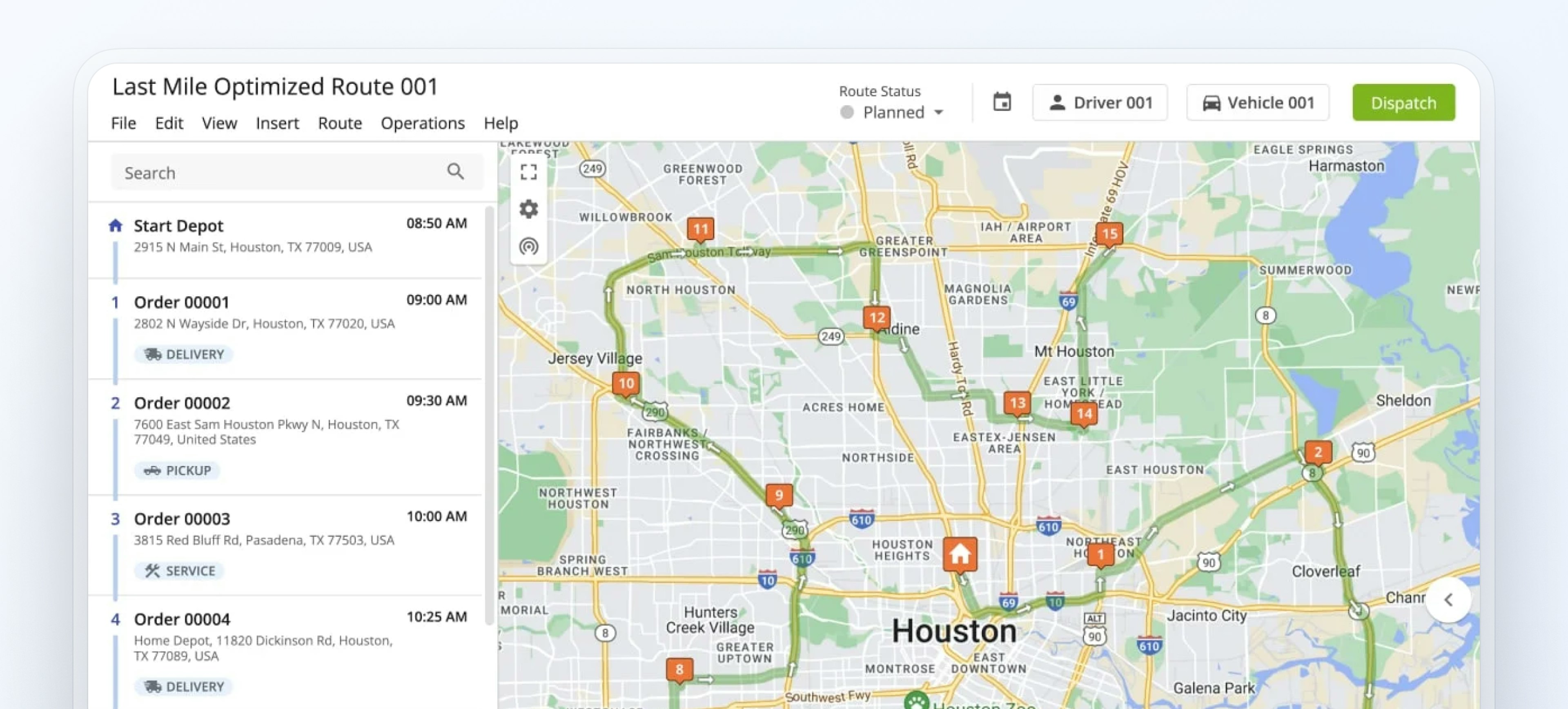 Last Mile Optimized Route 001 in Houston, Texas with route stops and map view.