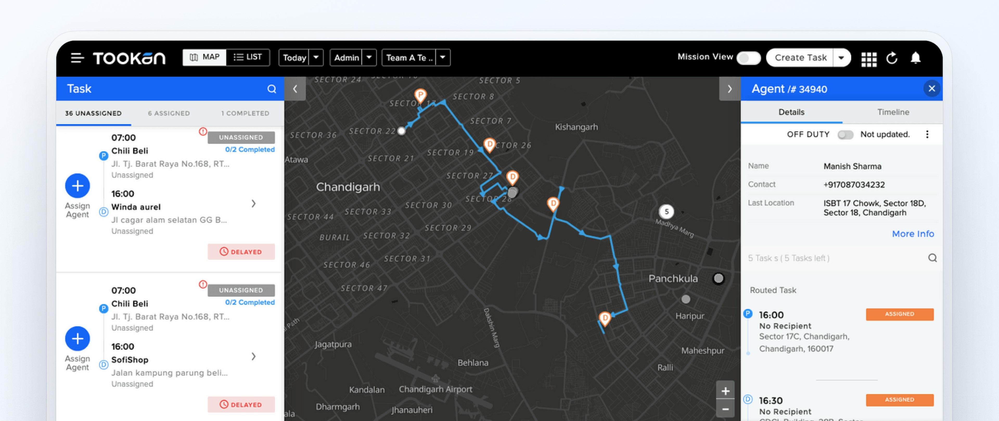 Tookan dashboard showing task assignments and agent statuses with a map of San Francisco