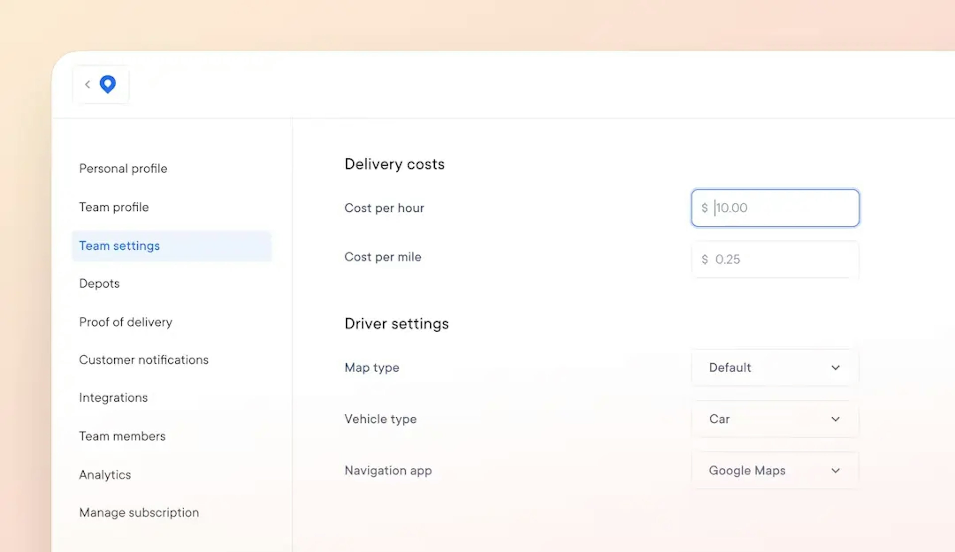 Delivery app interface showing team settings for delivery costs and driver settings