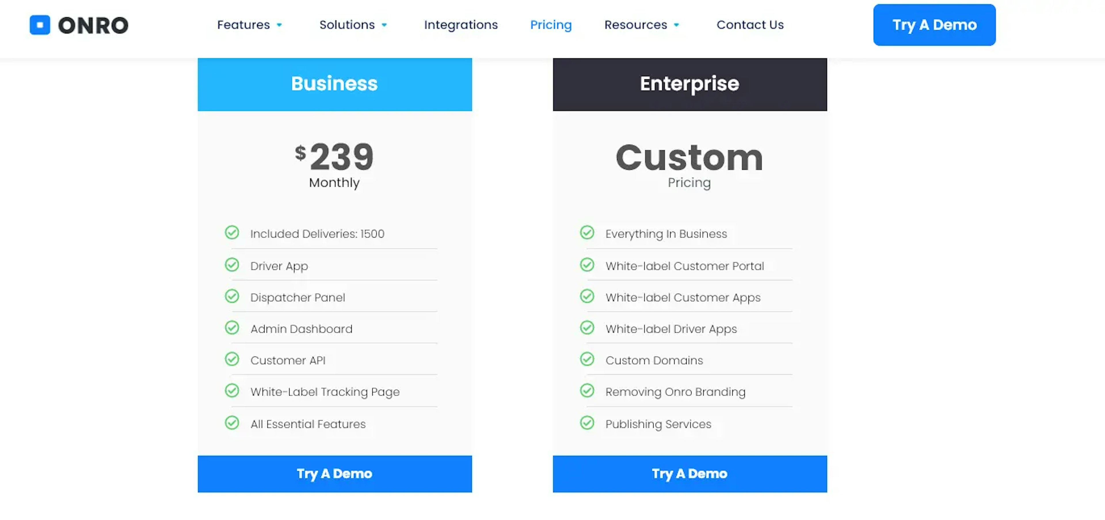 Onro pricing plans for Business and Enterprise with listed features and 'Try a Demo' buttons