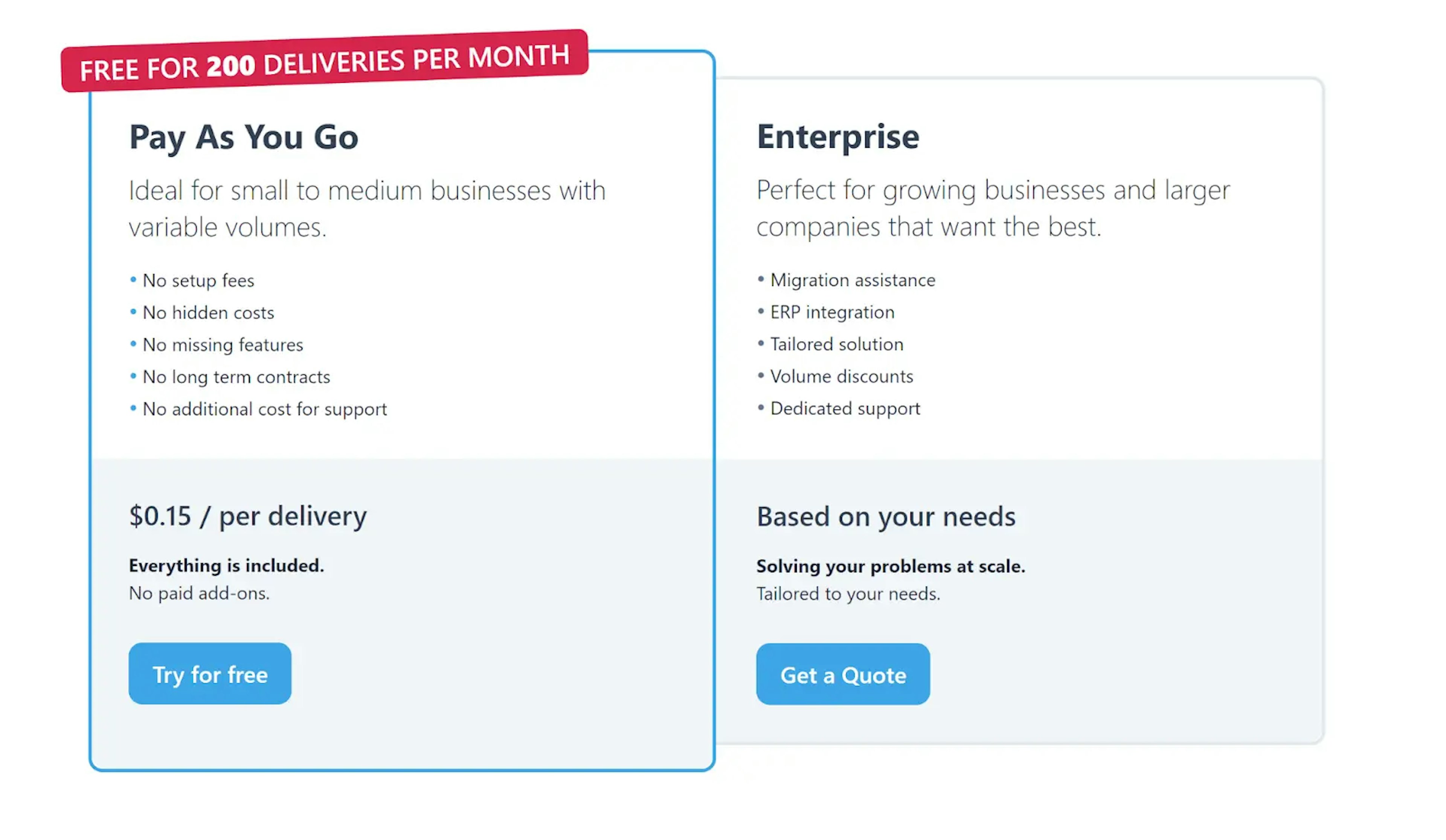 uFleet pricing plans with Pay As You Go at $0.15 per delivery and Enterprise with tailored solutions and dedicated support