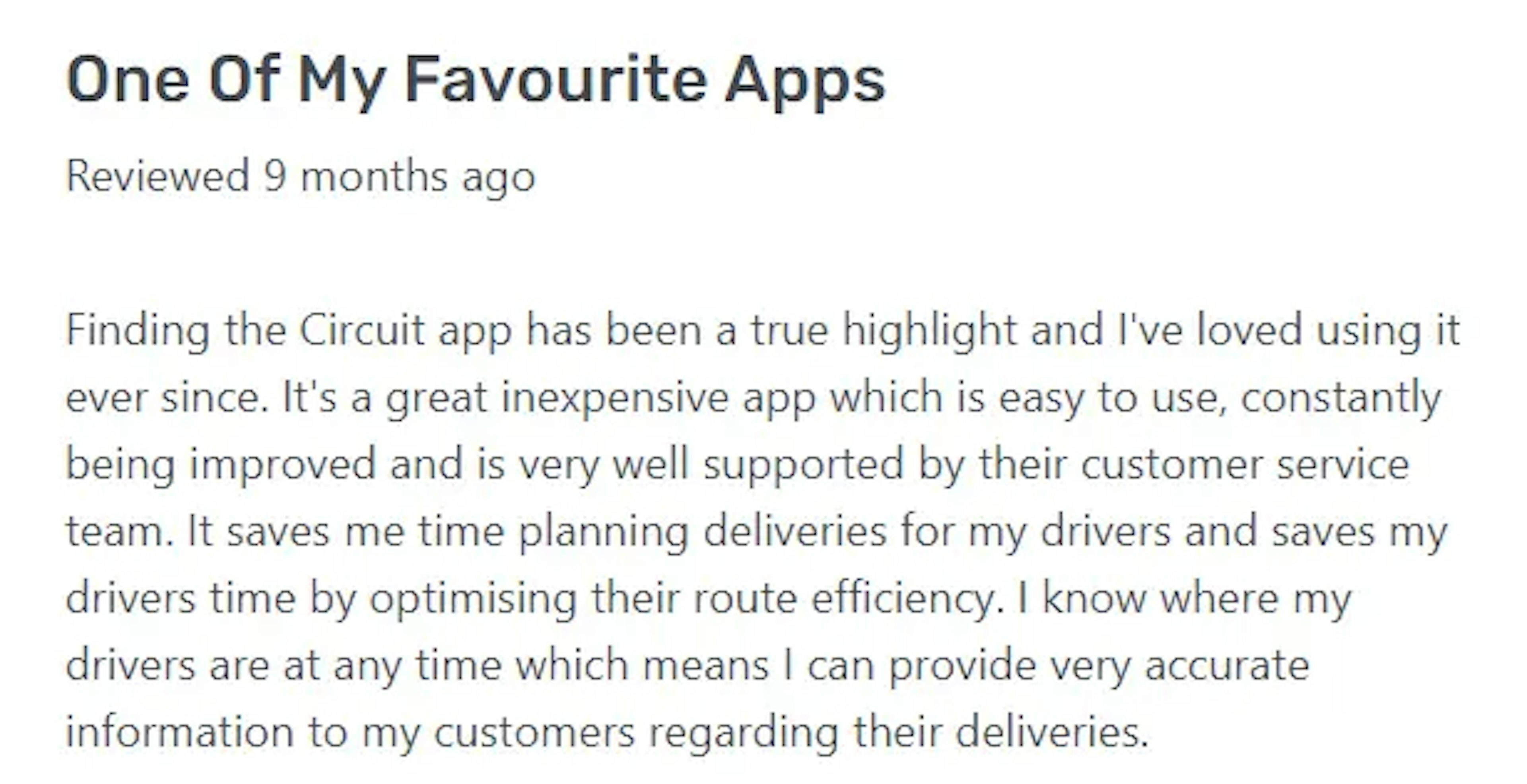 User review praising Circuit app for ease of use, cost-effectiveness, and route efficiency