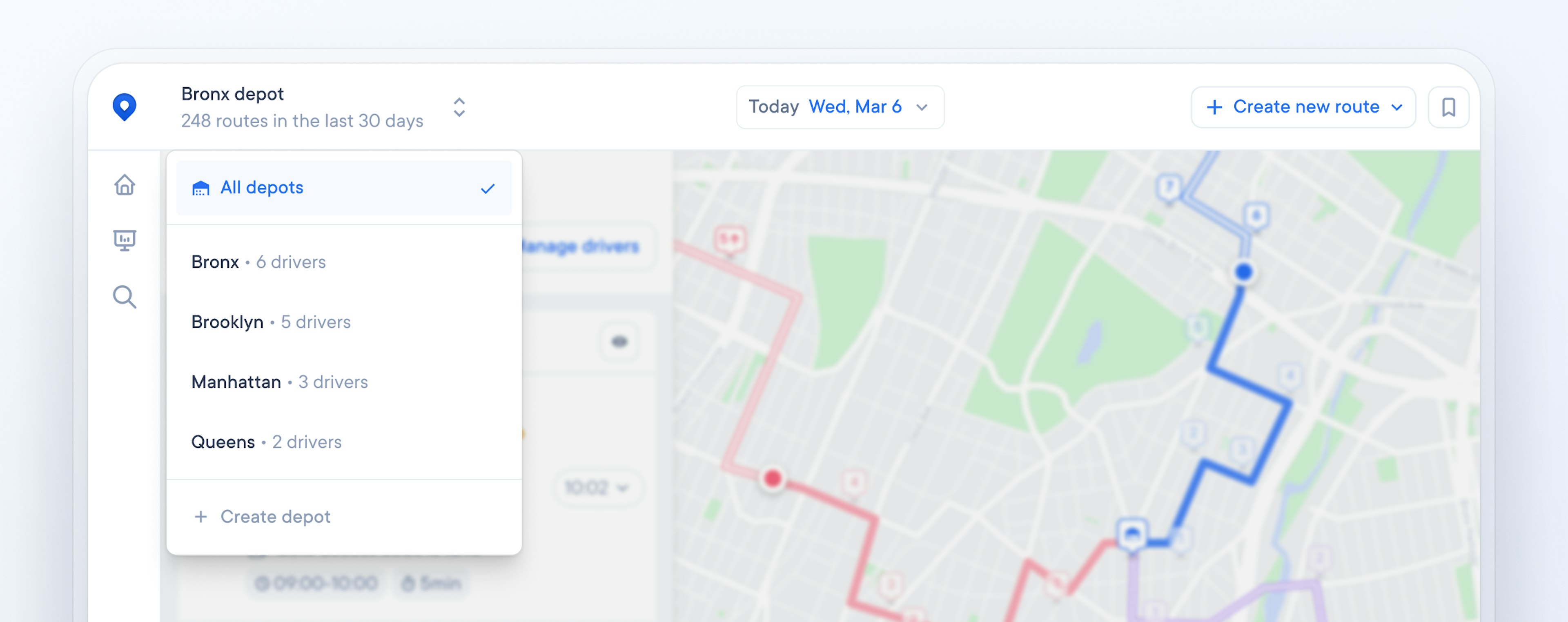 Dispatcher app interface showing multiple depot options and daily overview with driver details