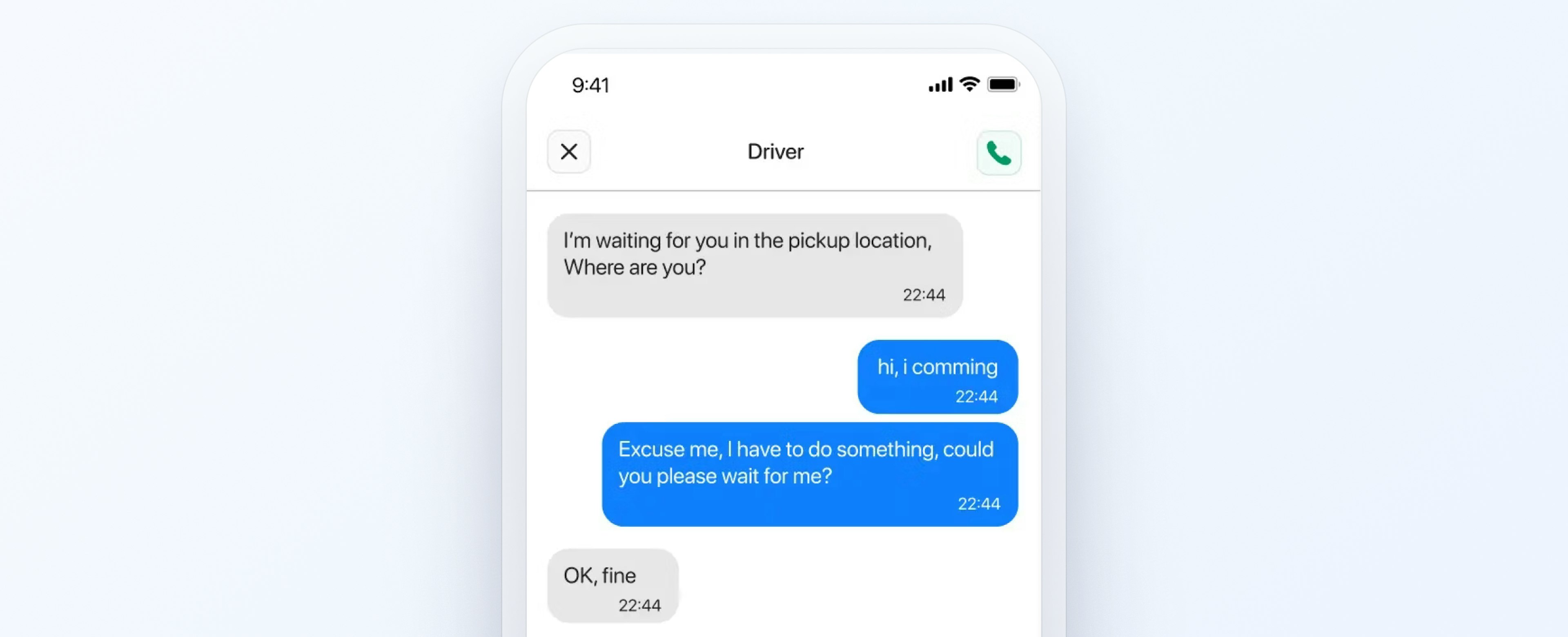 Delivery driver and customer chat interface on a mobile phone screen