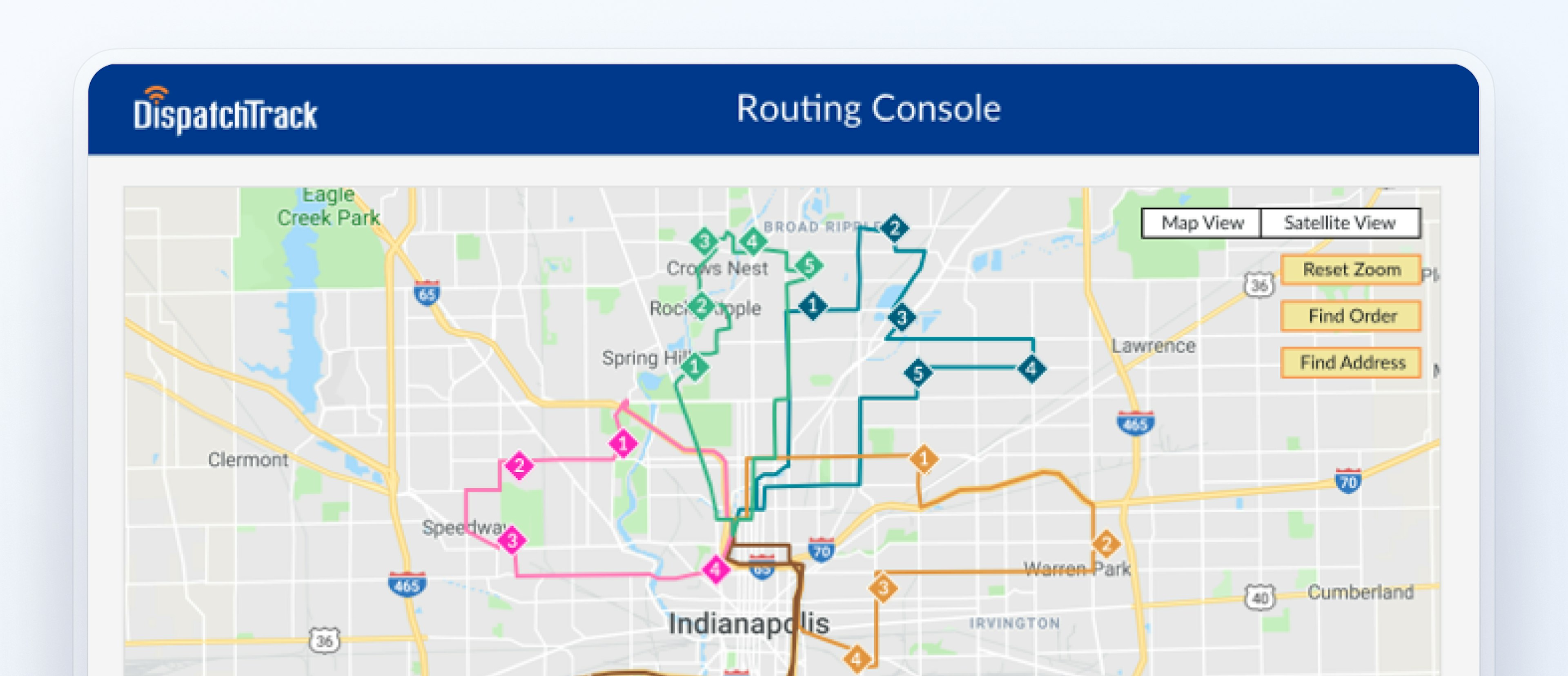 DispatchTrack routing console showing delivery routes on a map