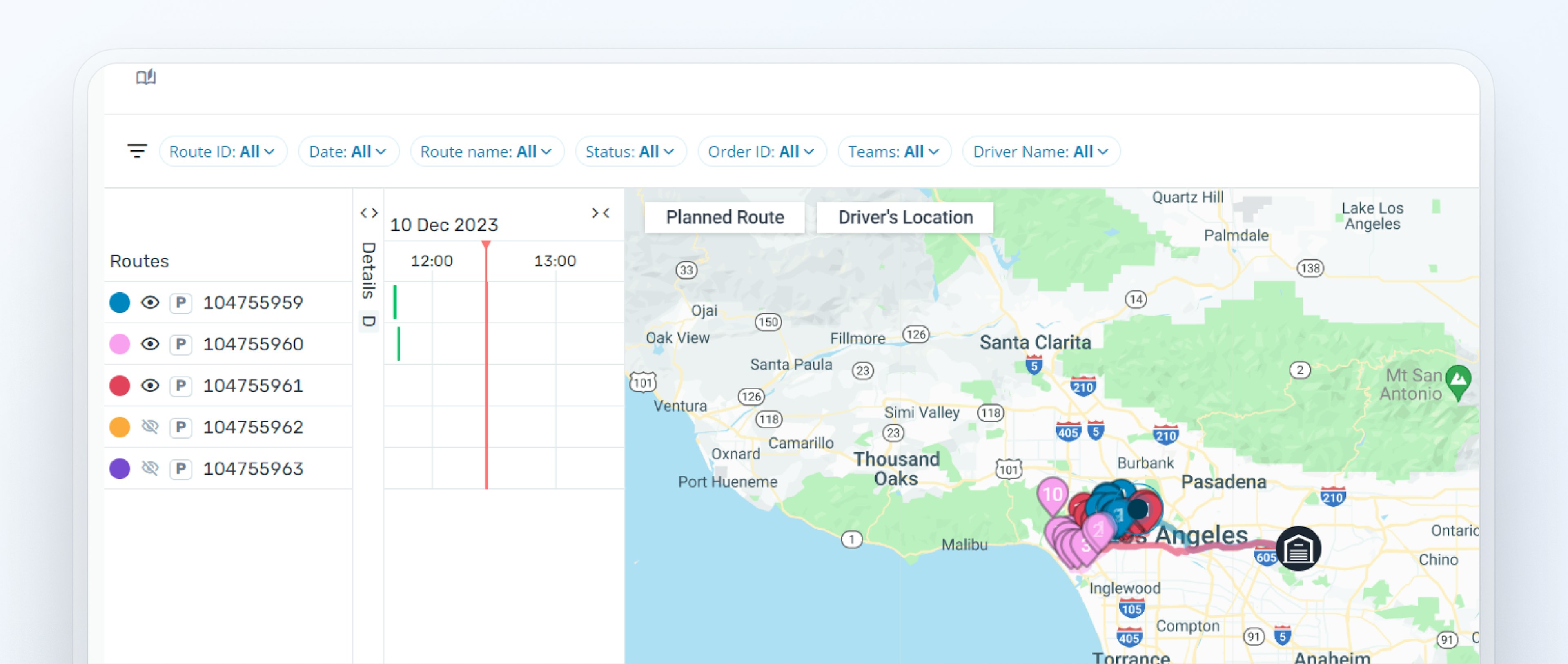 Dashboard showing planned delivery routes and driver locations on a map of Los Angeles