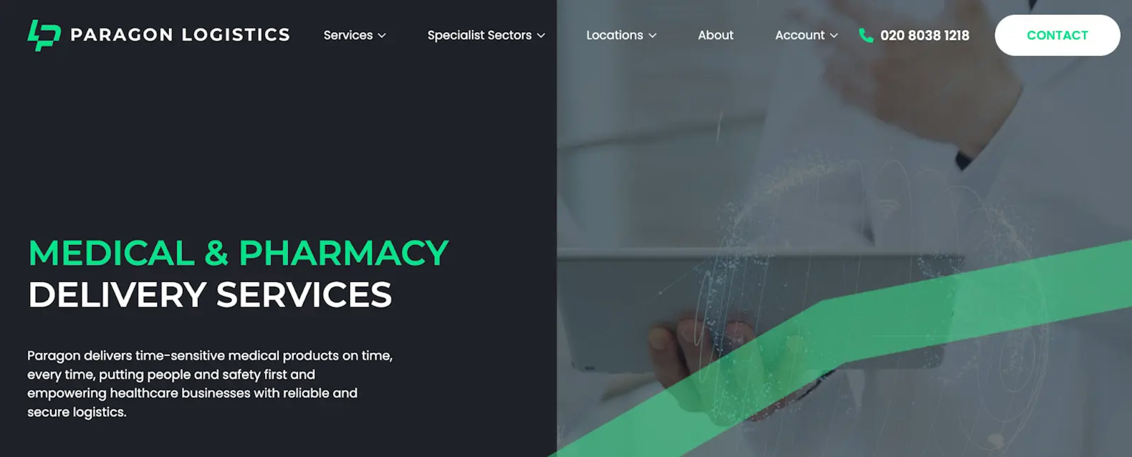 Paragon Logistics homepage showcasing medical and pharmacy delivery services with a focus on safety and reliability.