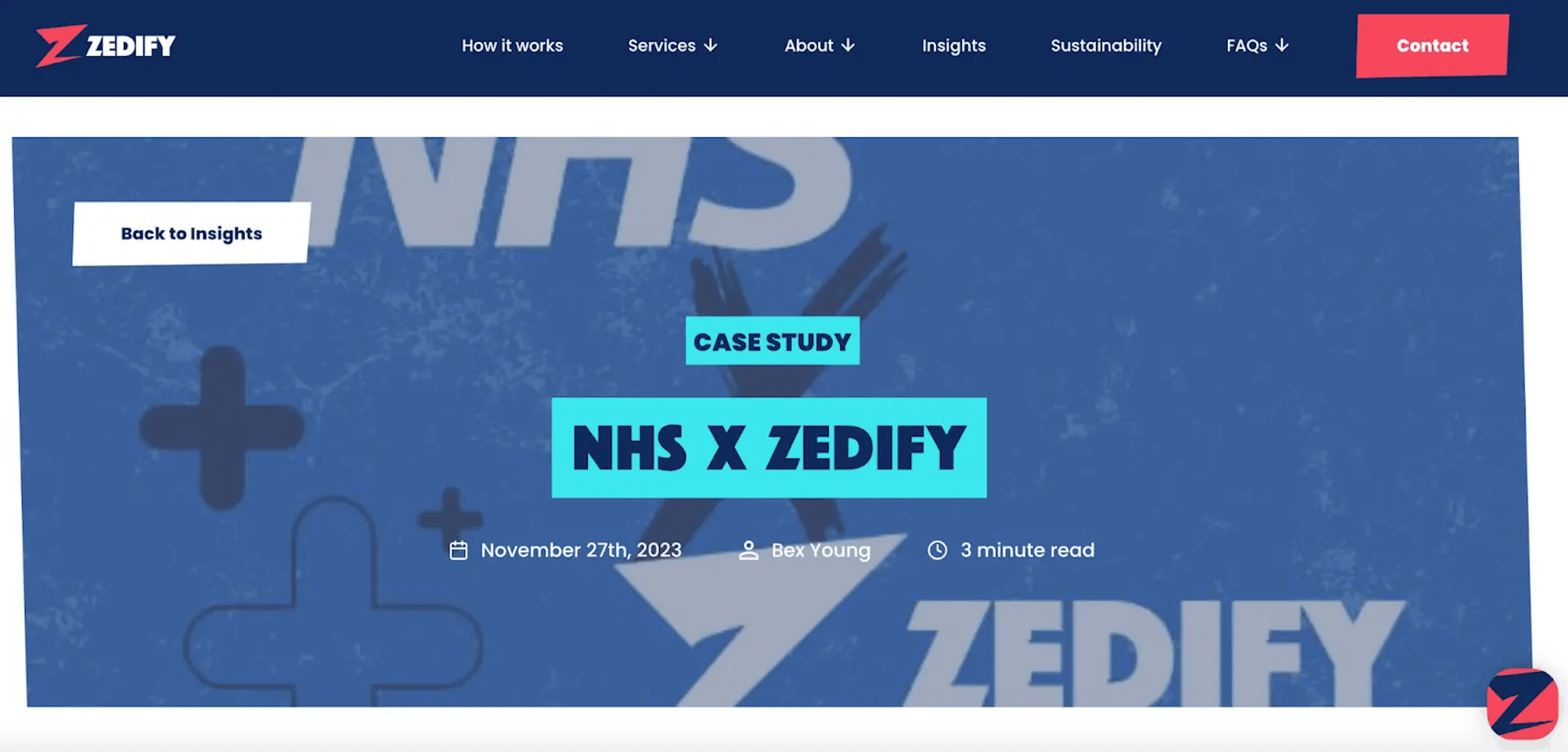 Zedify case study collaboration with NHS highlighted on their website's insights page