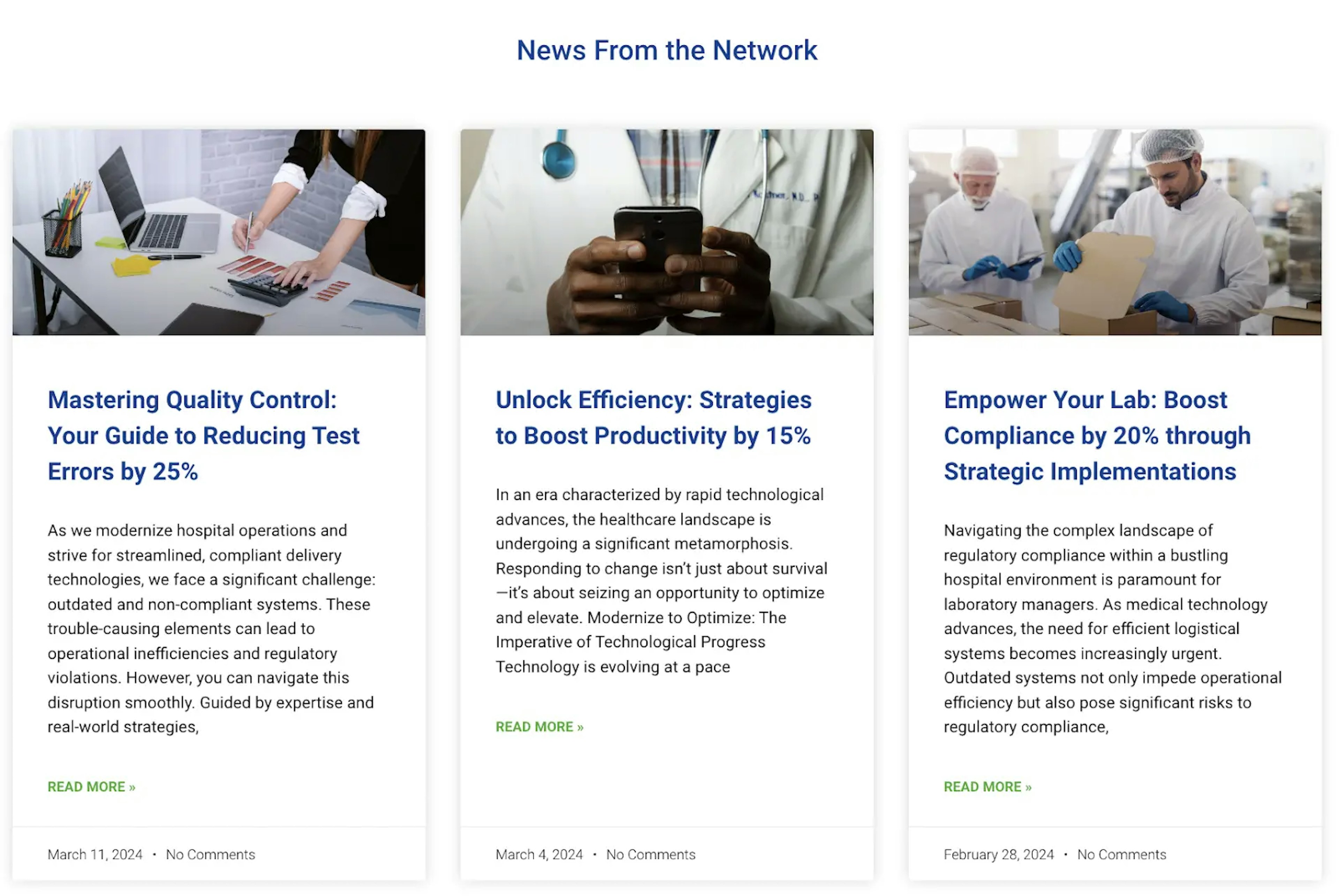 Three medical industry articles discussing quality control, productivity, and compliance strategies in hospital operations.