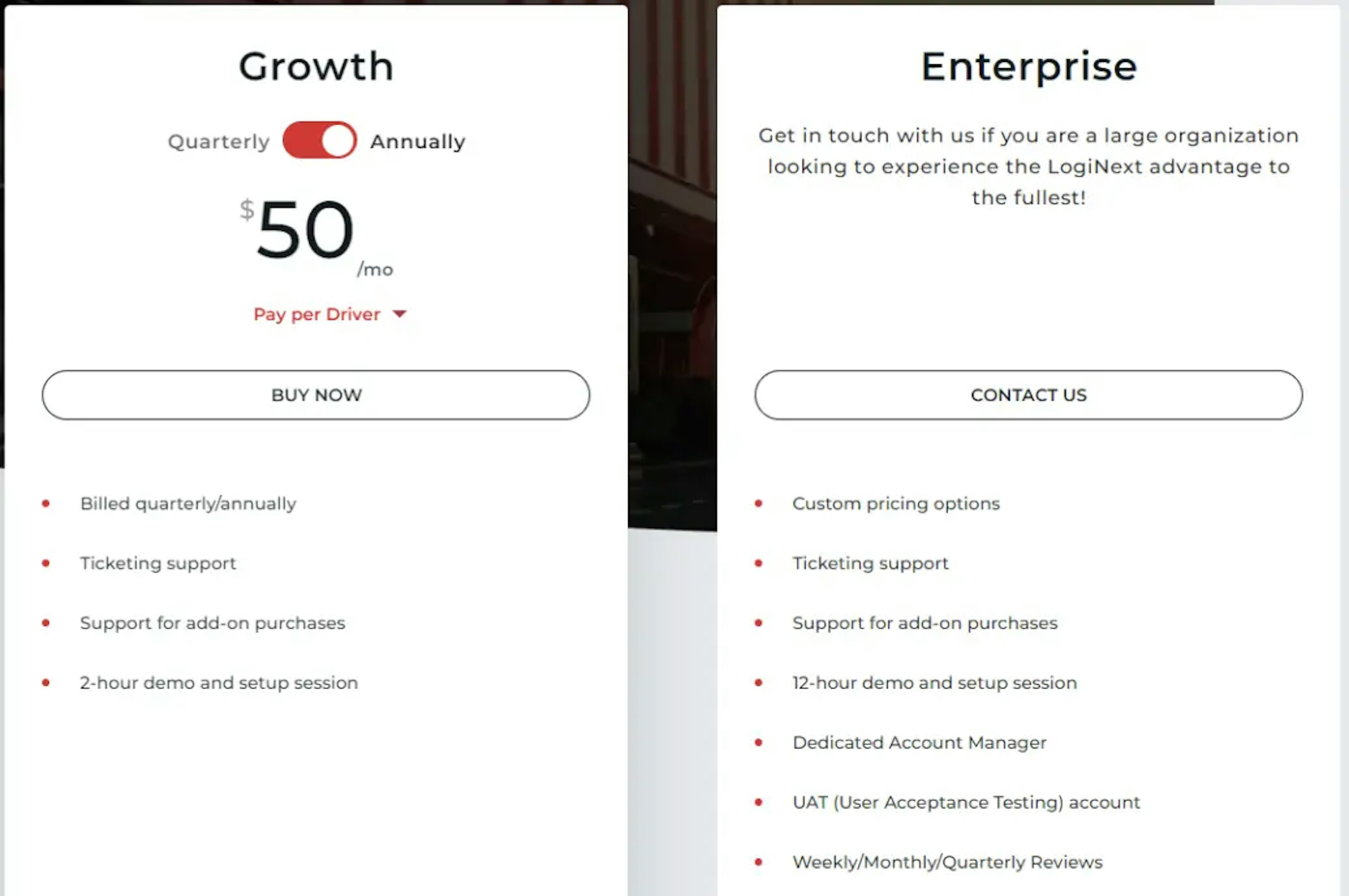 LogiNext pricing plans showing 'Growth' at $50 per driver per month and 'Enterprise' with custom pricing