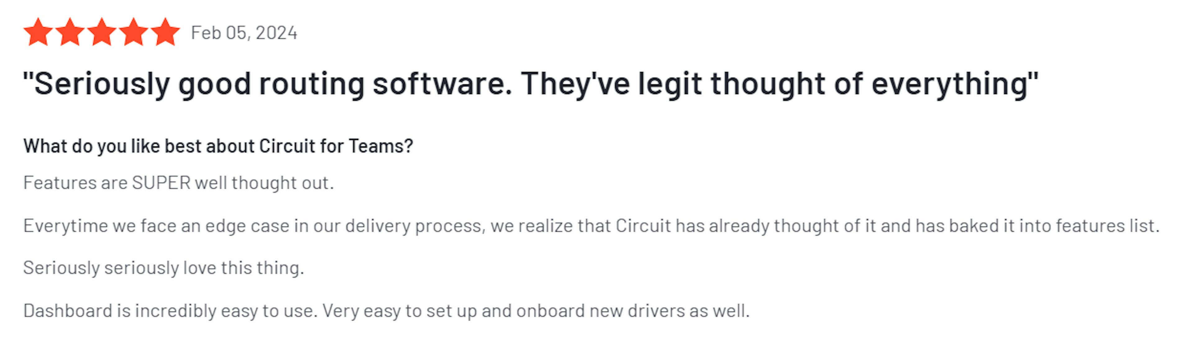 Customer review of Circuit for Teams praising its well-thought-out features and user-friendly dashboard