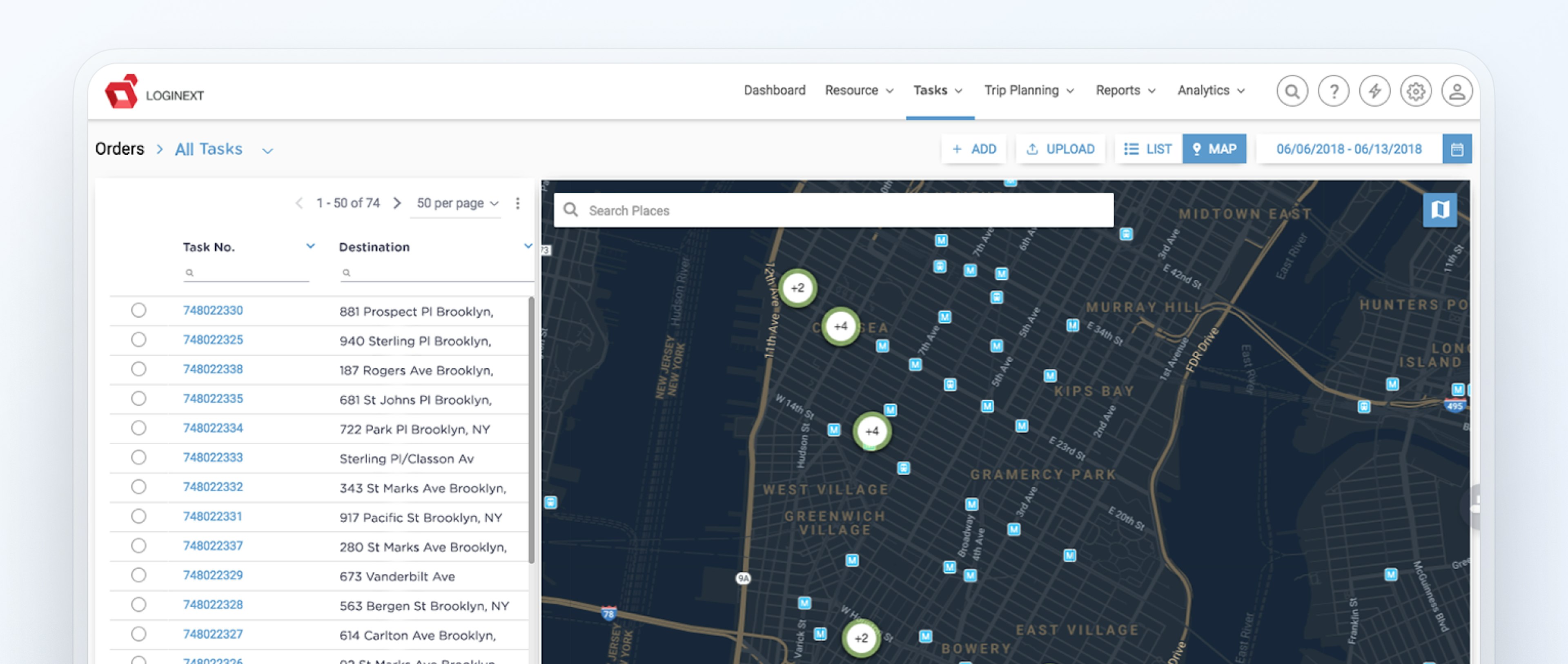 LogiNext Mile screenshot showing tasks and orders' destinations