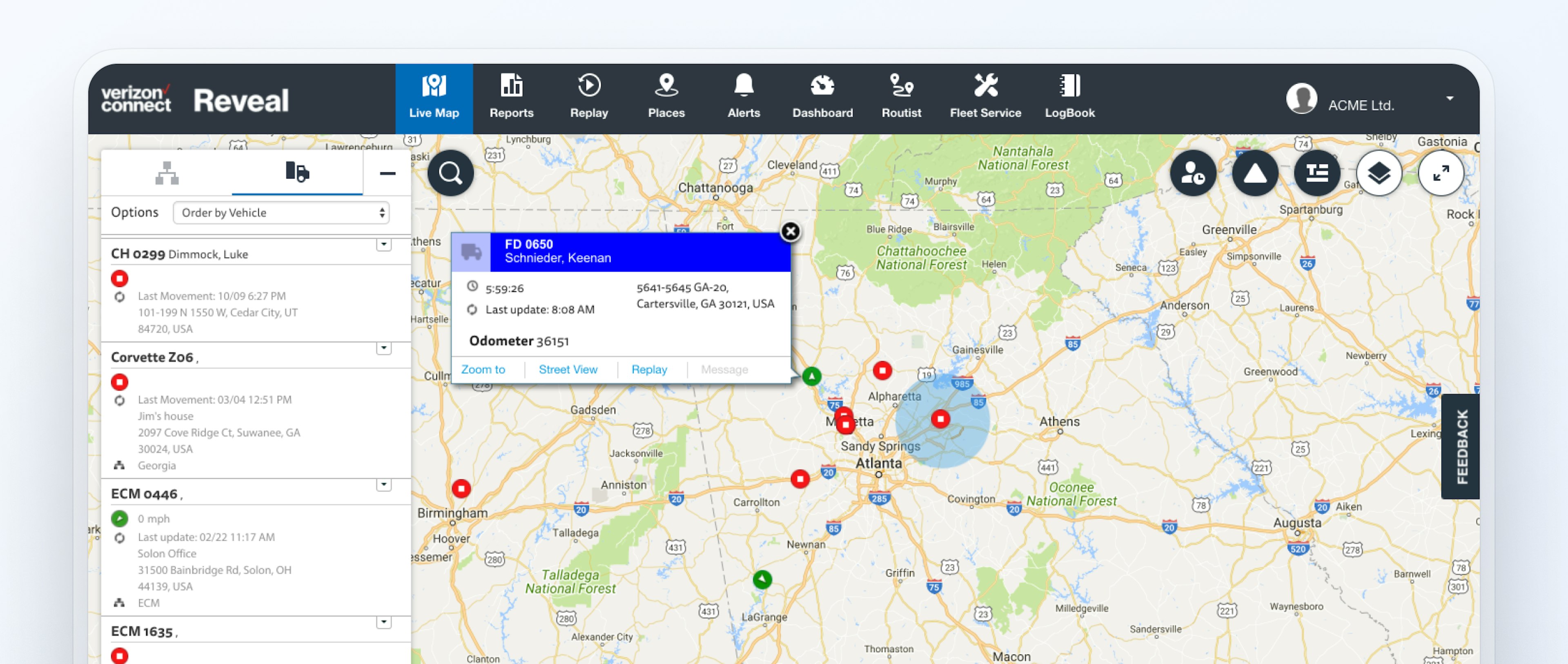 Verizon Connect Reveal interface showing vehicle tracking and list of stops