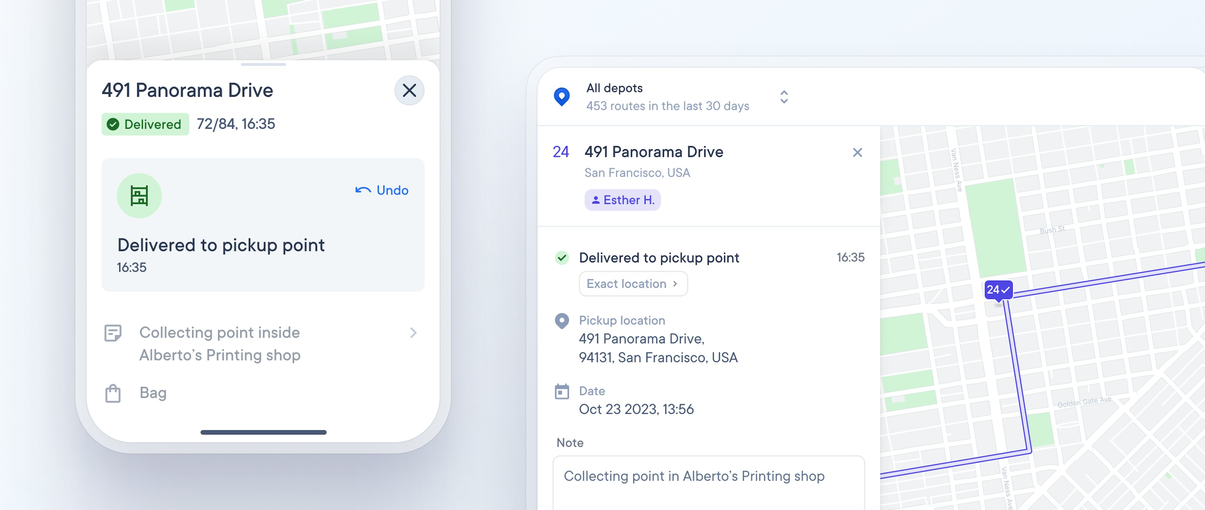 Circuit dispatcher dashboard and driver app with proof of delivery to a pickup point