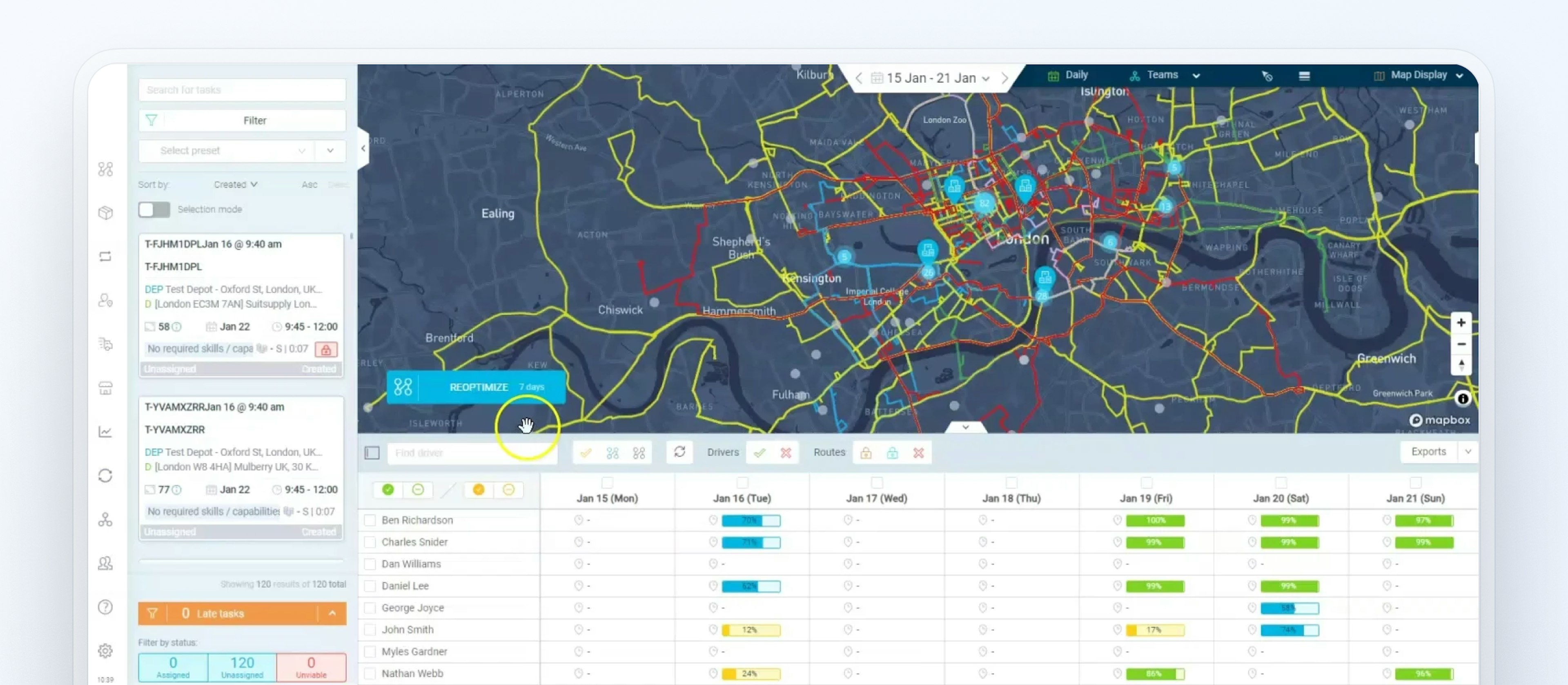 eLogii interface showing vehicle tracking and list of stops